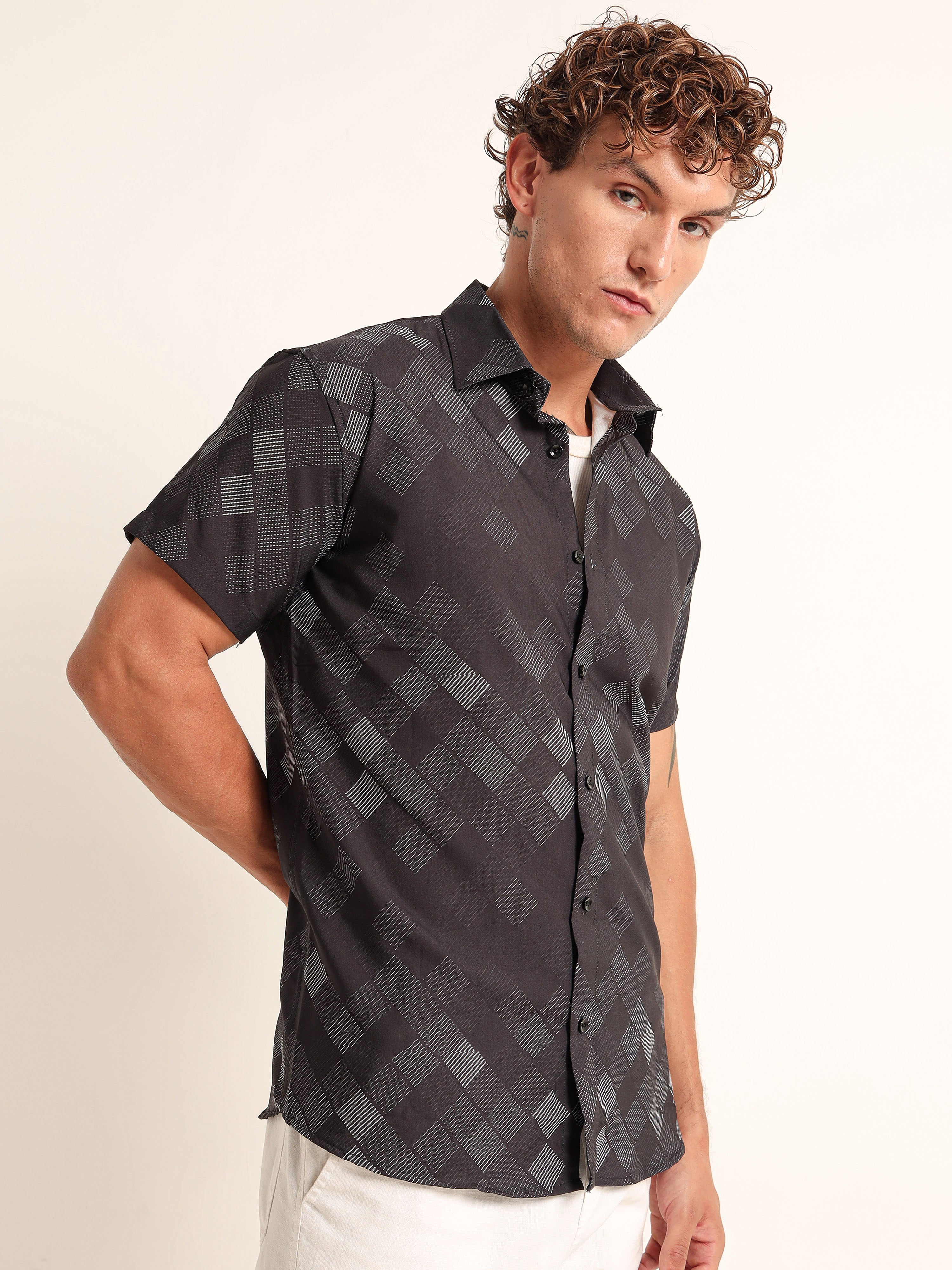 Men Slim Fit Geometric Printed Spread Collar Casual Black Grey Shirt