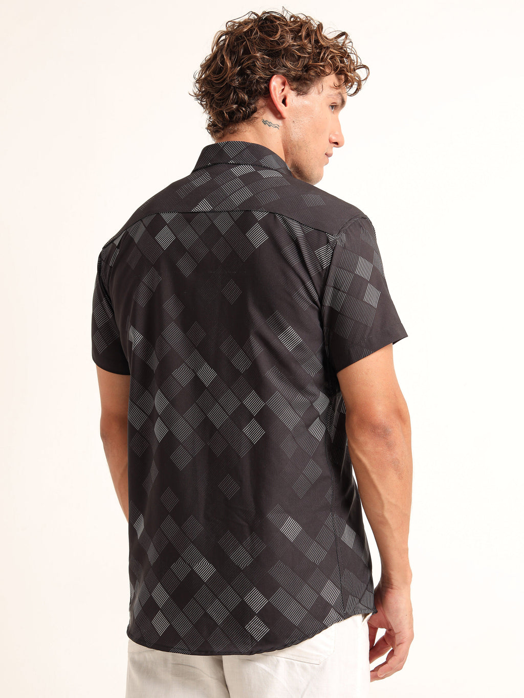 Men Slim Fit Geometric Printed Spread Collar Casual Black Grey Shirt