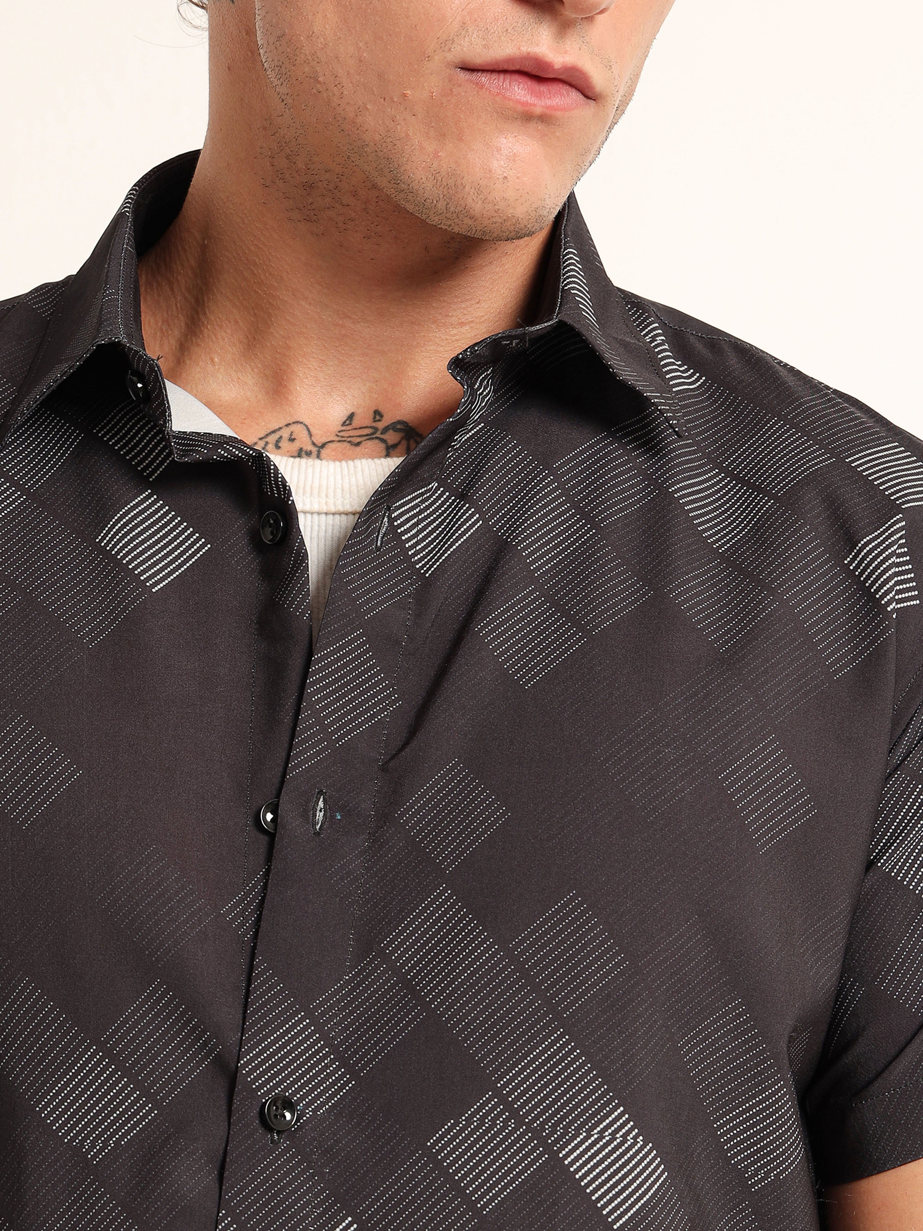 Men Slim Fit Geometric Printed Spread Collar Casual Black Grey Shirt