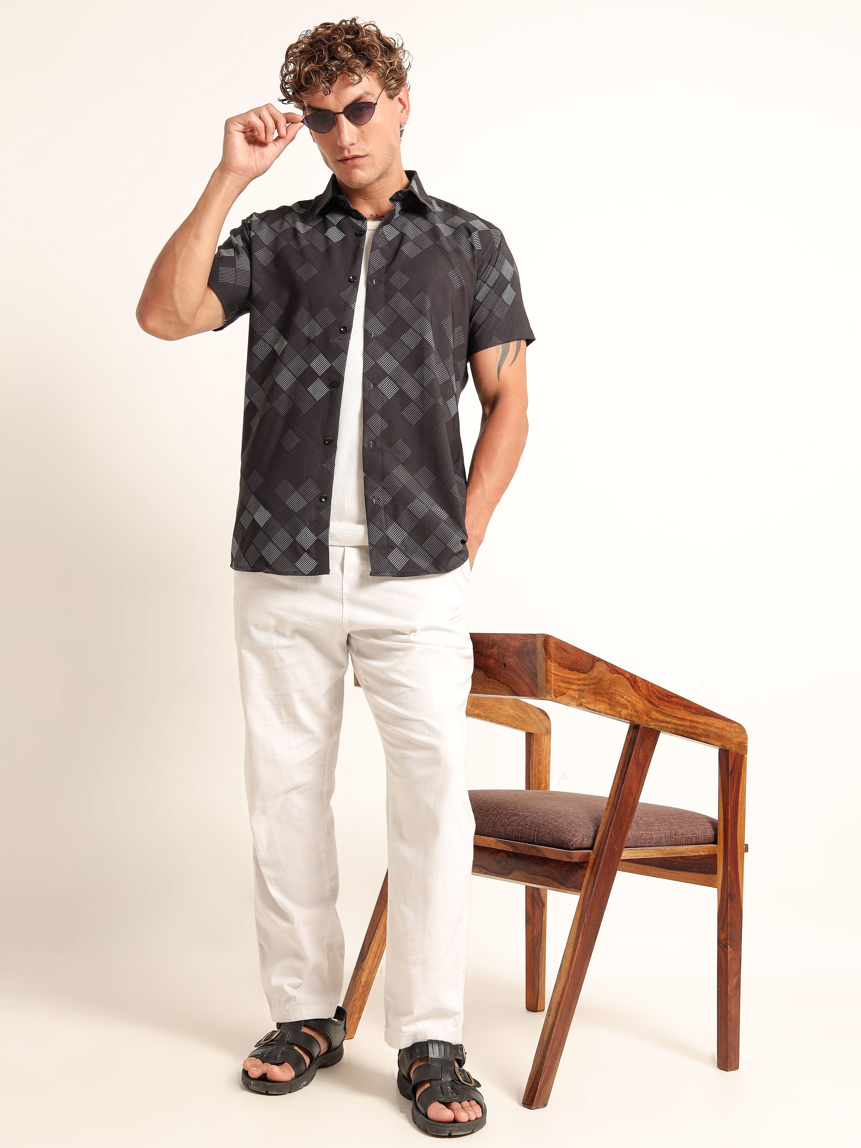 Men Slim Fit Geometric Printed Spread Collar Casual Black Grey Shirt