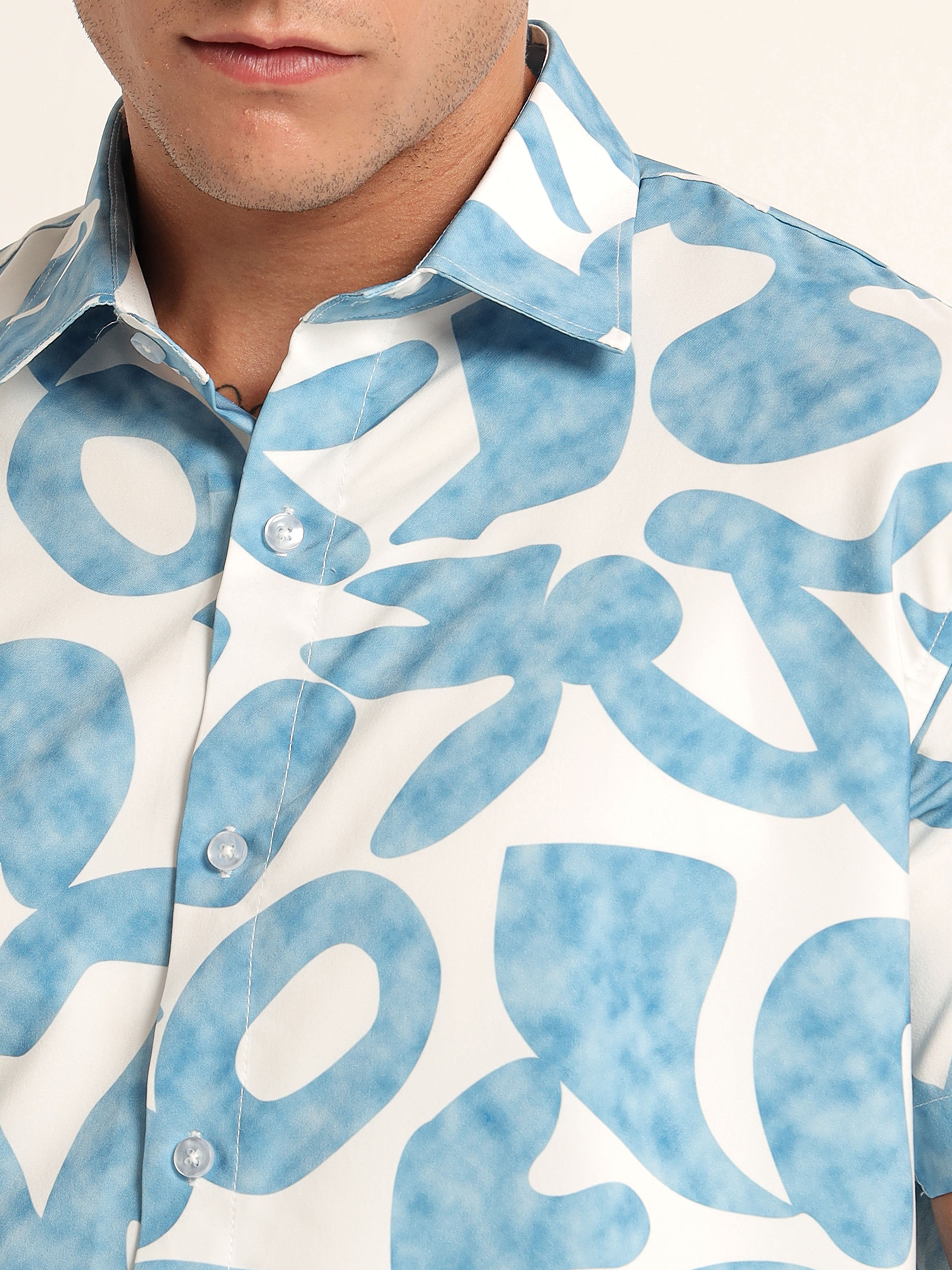 Men's Light Blue Abstract Print Short Sleeve Shirt