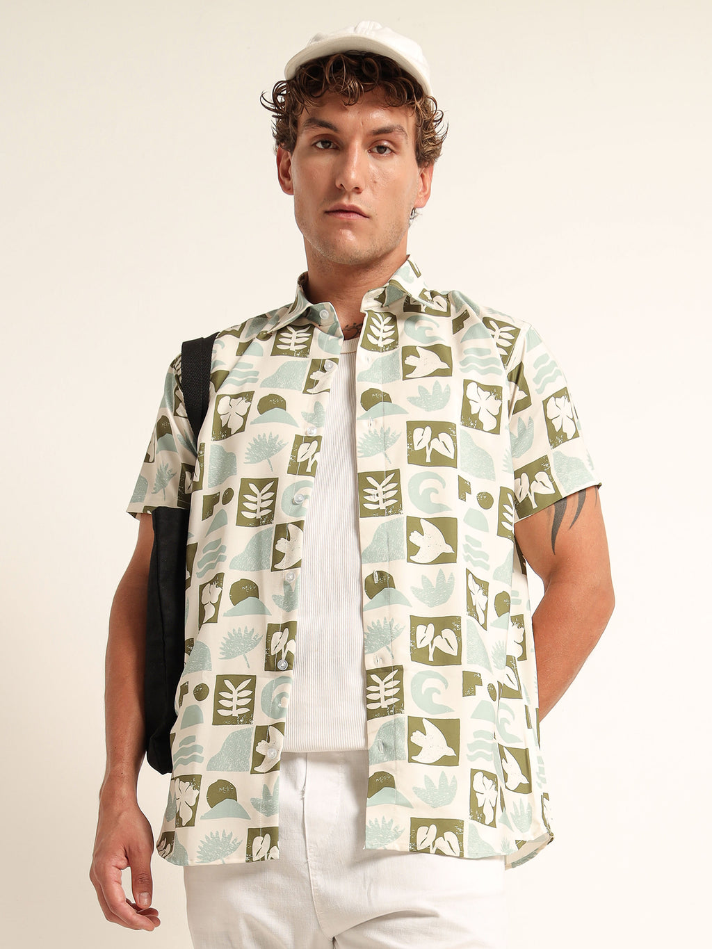 Men's Off-White Abstract Leaf Printed Short Sleeve Shirt