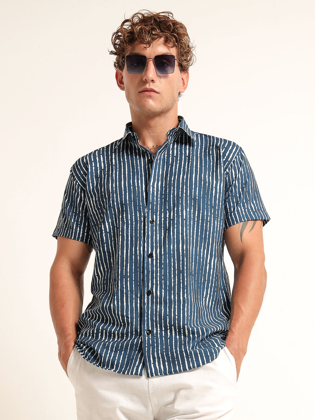 Men's Navy Blue and White Textured Stripe Short Sleeve Shirt