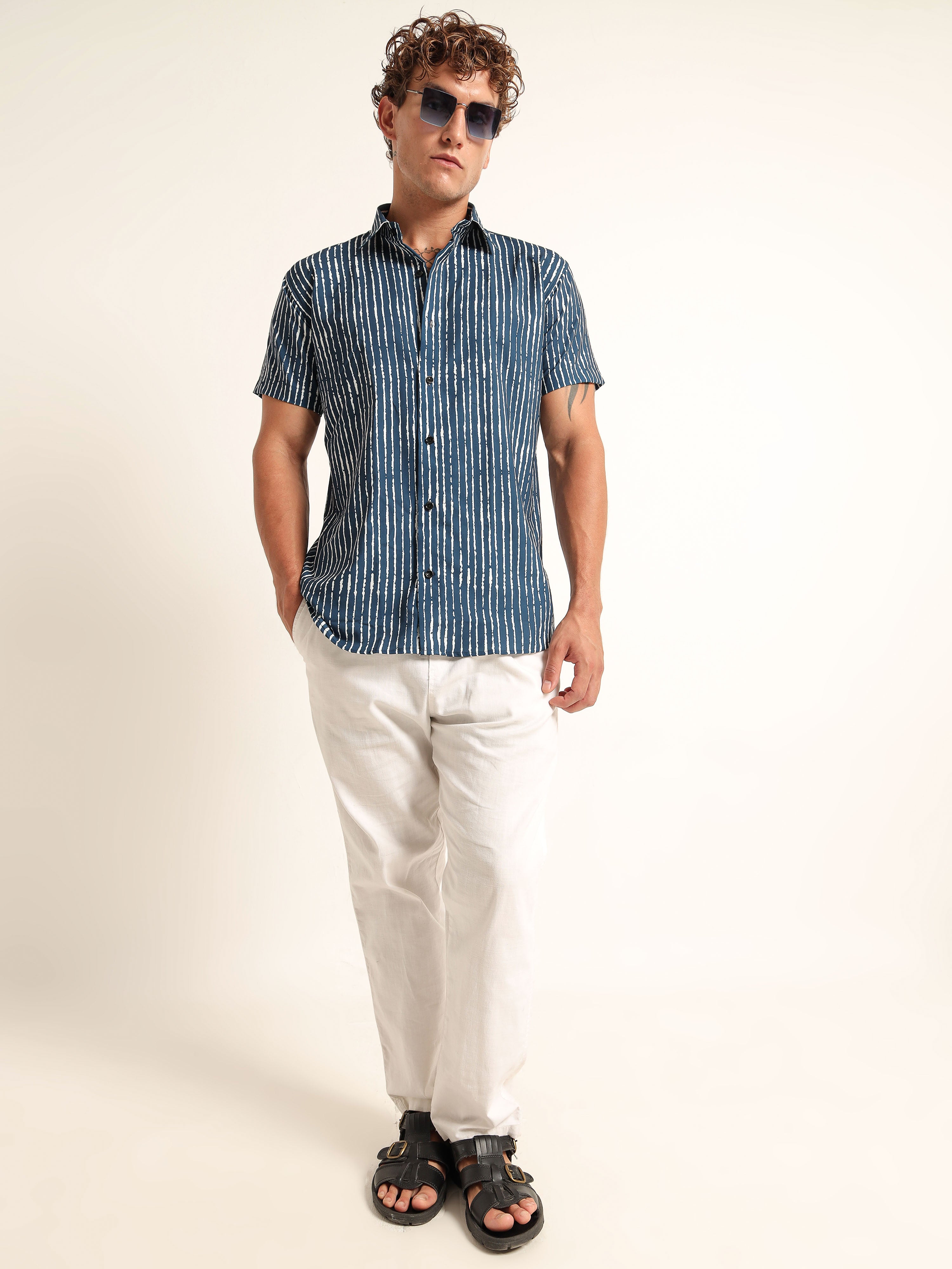 Men's Navy Blue and White Textured Stripe Short Sleeve Shirt