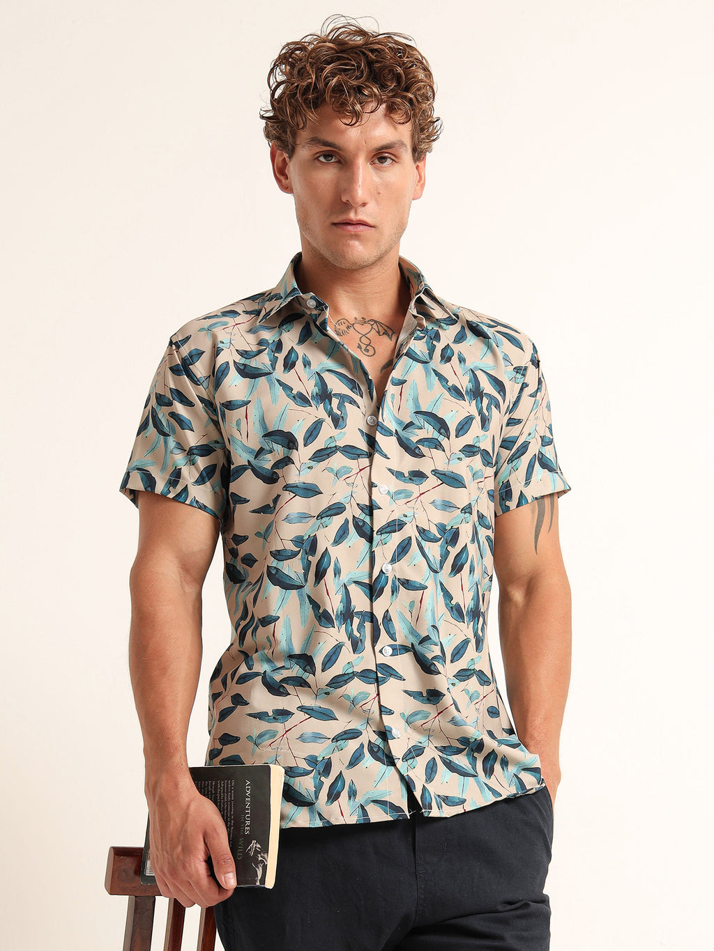 Men's Beige and Blue Leaf Printed Short Sleeve Shirt