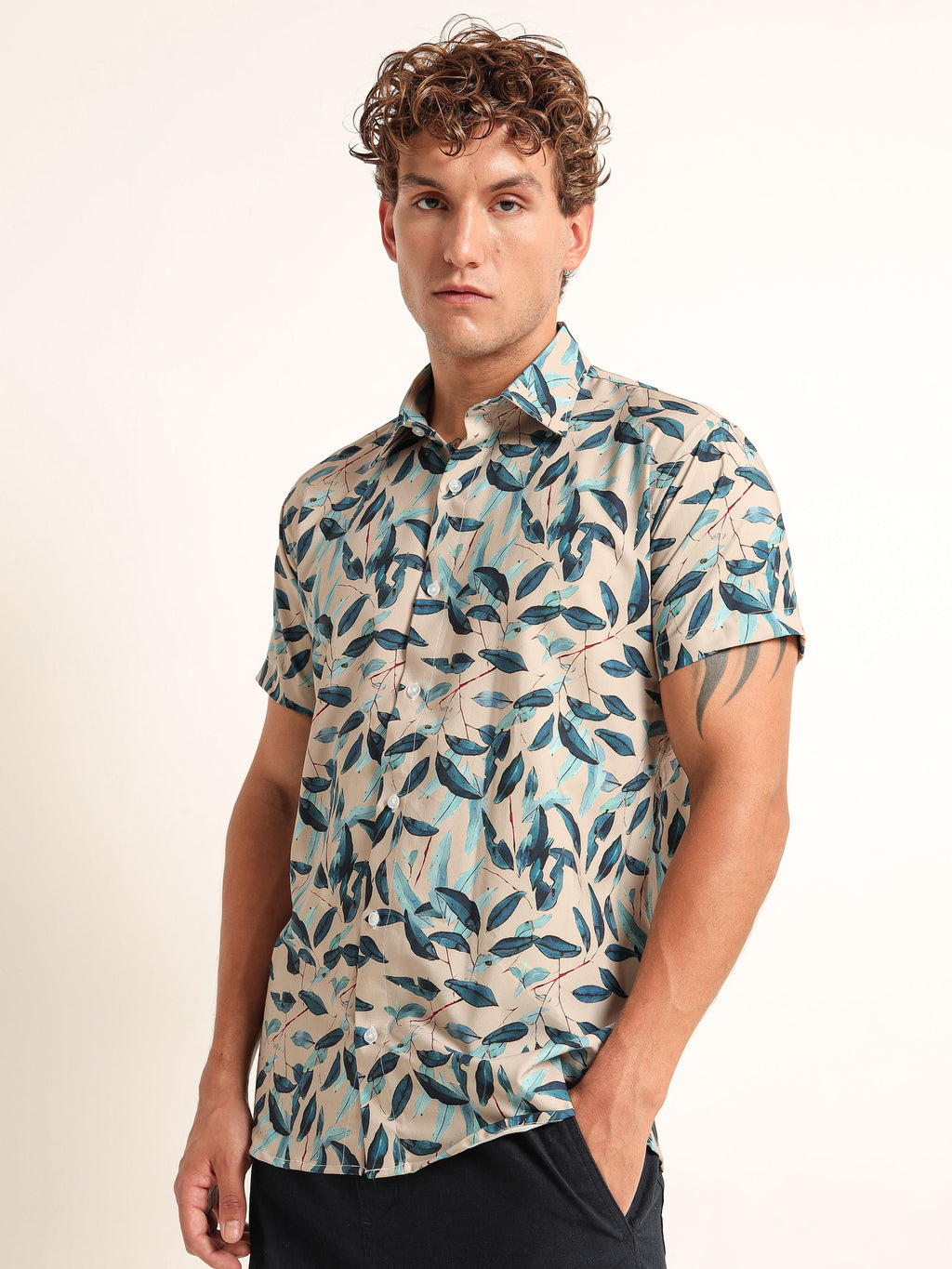 Men's Beige and Blue Leaf Printed Short Sleeve Shirt