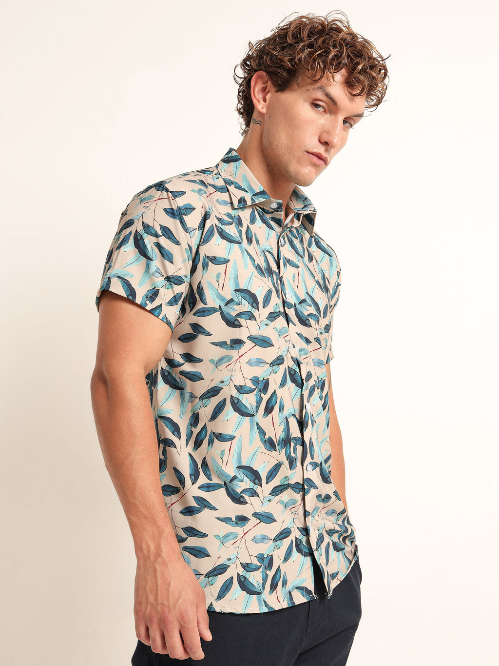Men's Beige and Blue Leaf Printed Short Sleeve Shirt