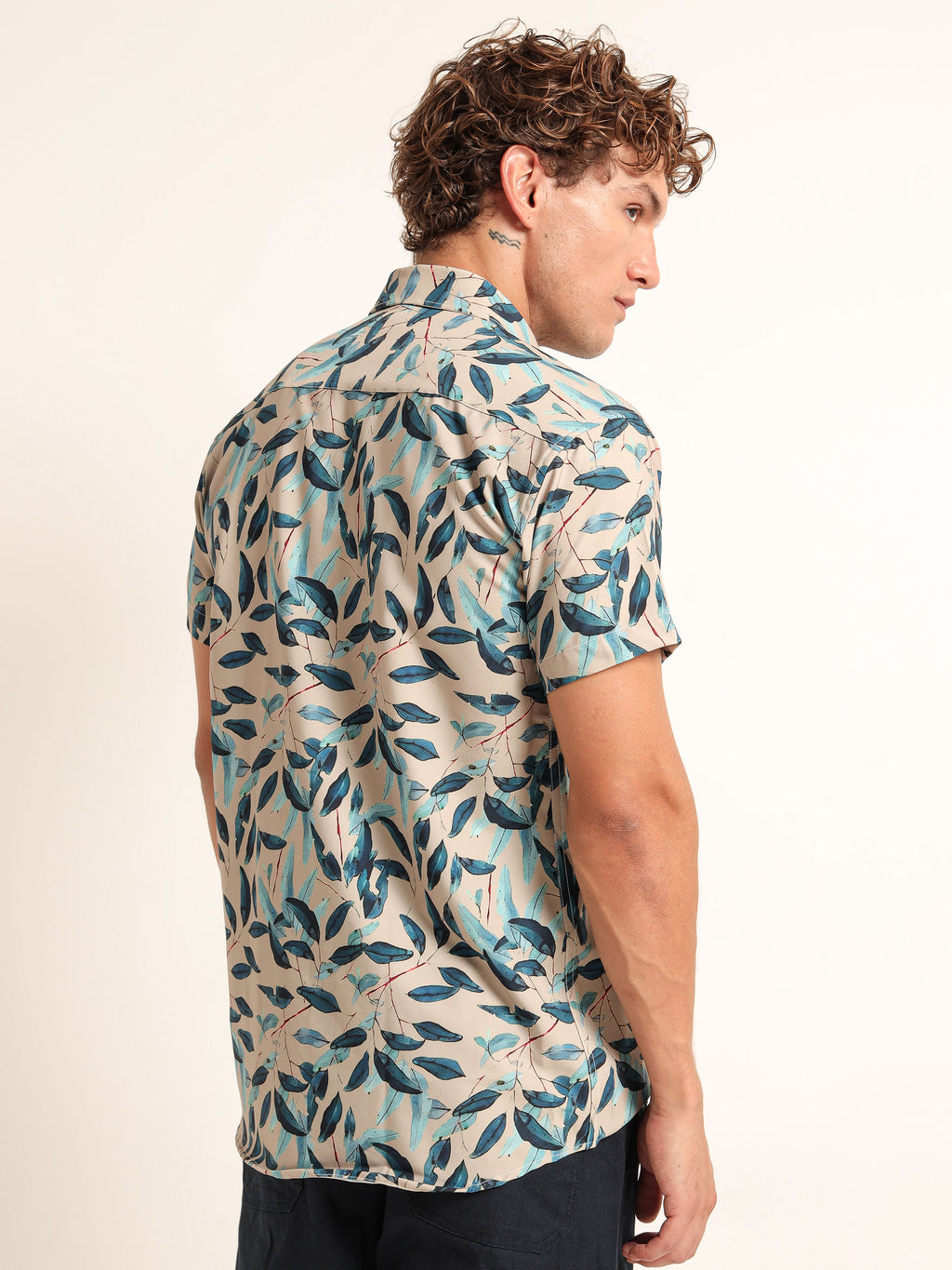 Men's Beige and Blue Leaf Printed Short Sleeve Shirt
