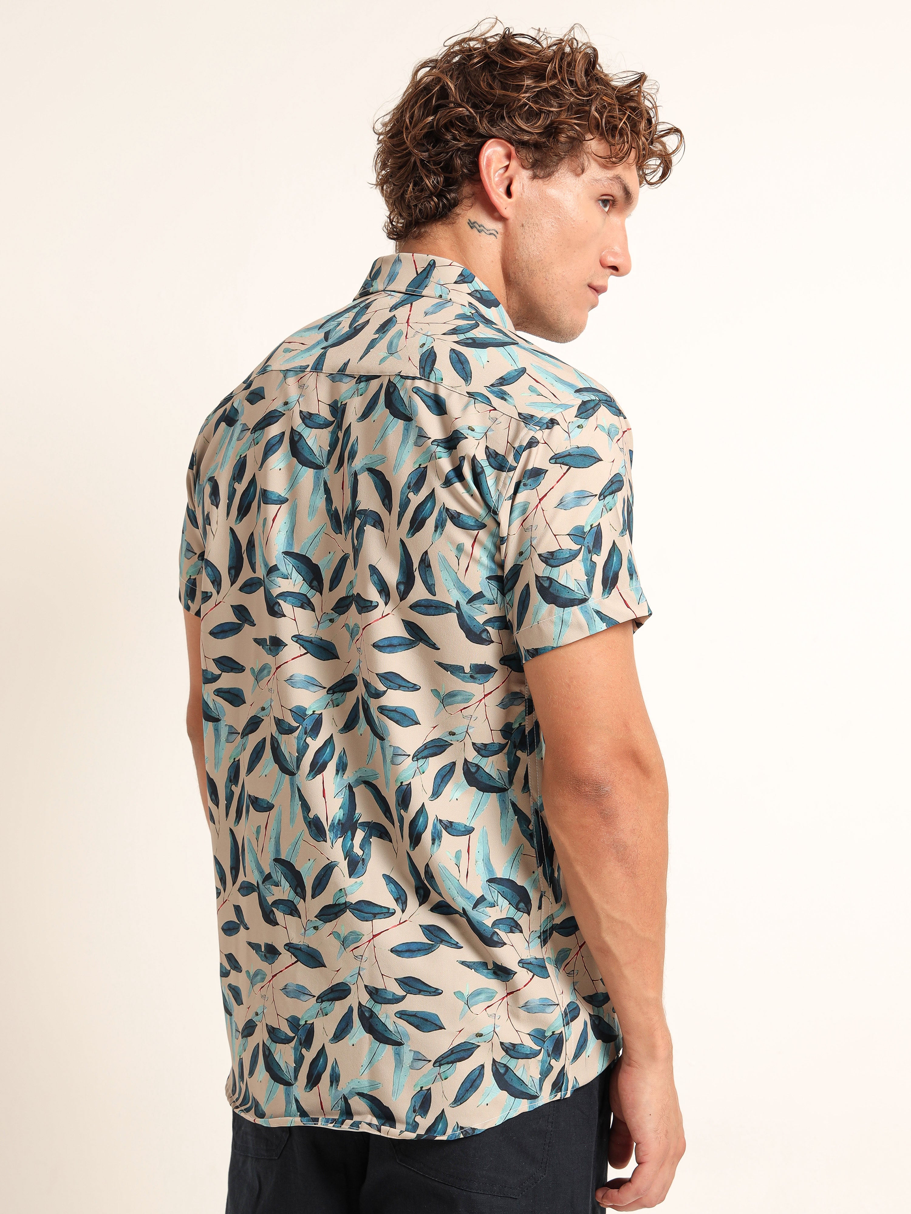 Men's Beige and Blue Leaf Printed Short Sleeve Shirt