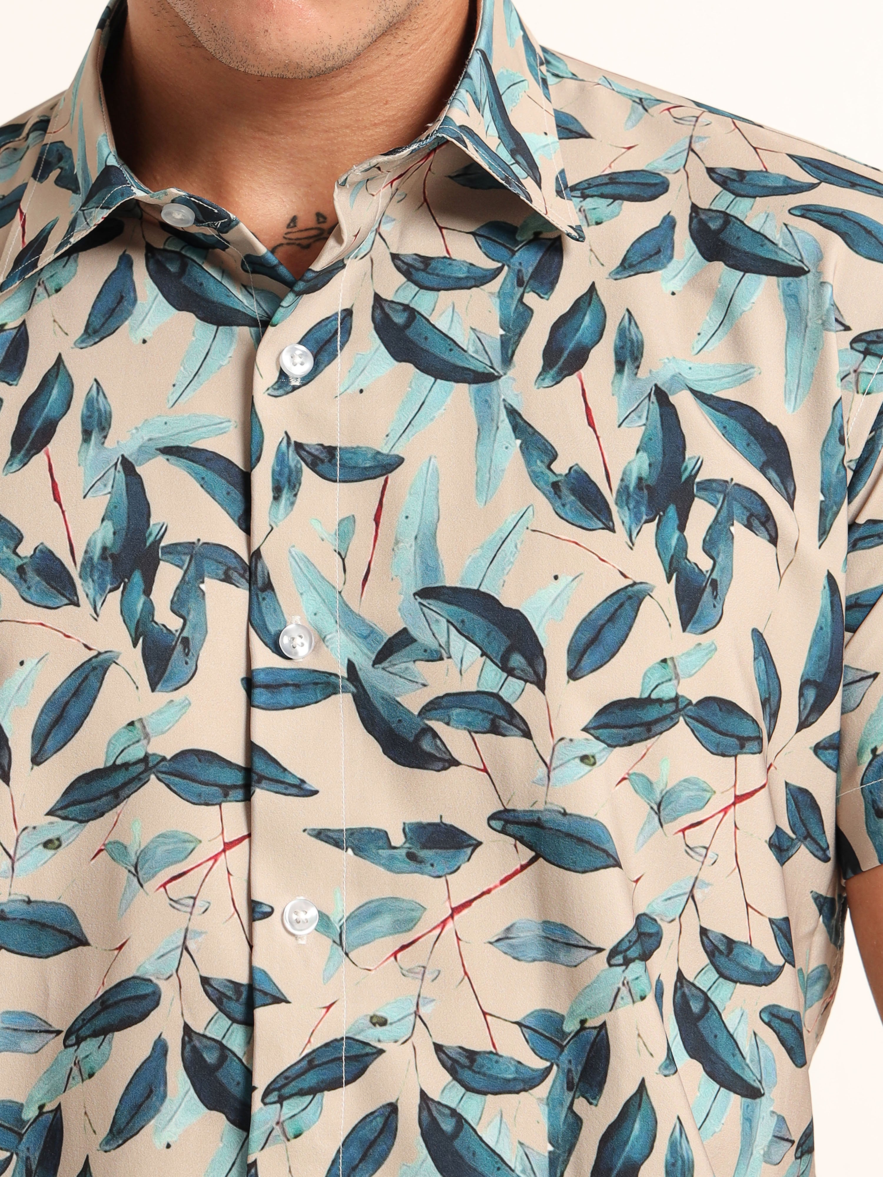 Men's Beige and Blue Leaf Printed Short Sleeve Shirt