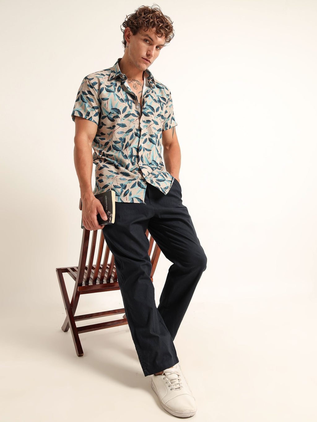 Men's Beige and Blue Leaf Printed Short Sleeve Shirt