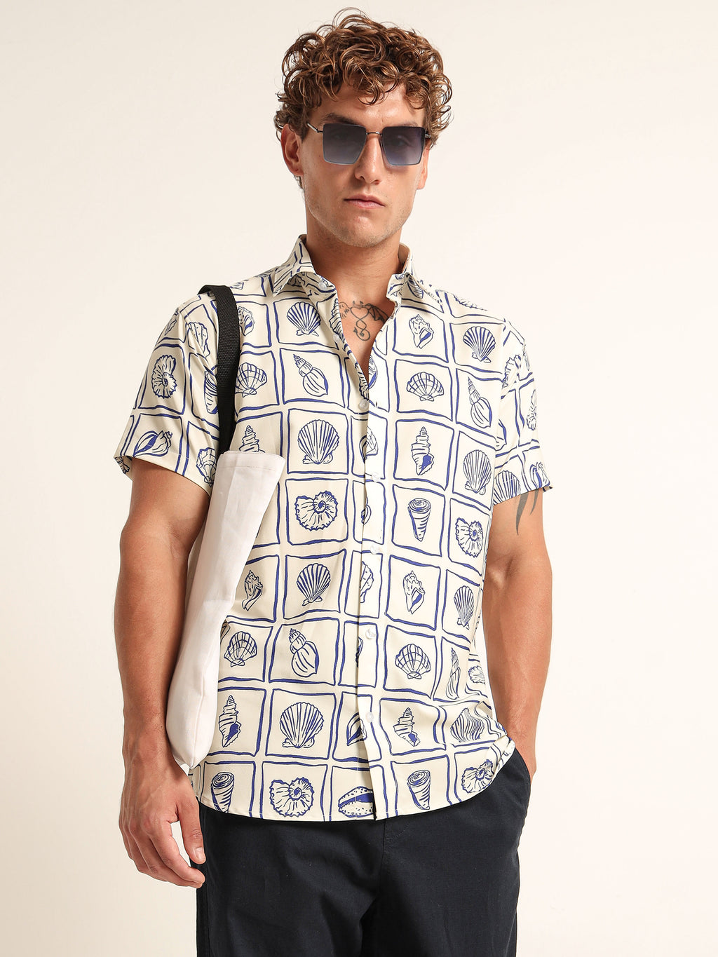 Men's Off-White and Navy Seashell Grid Printed Short Sleeve Shirt