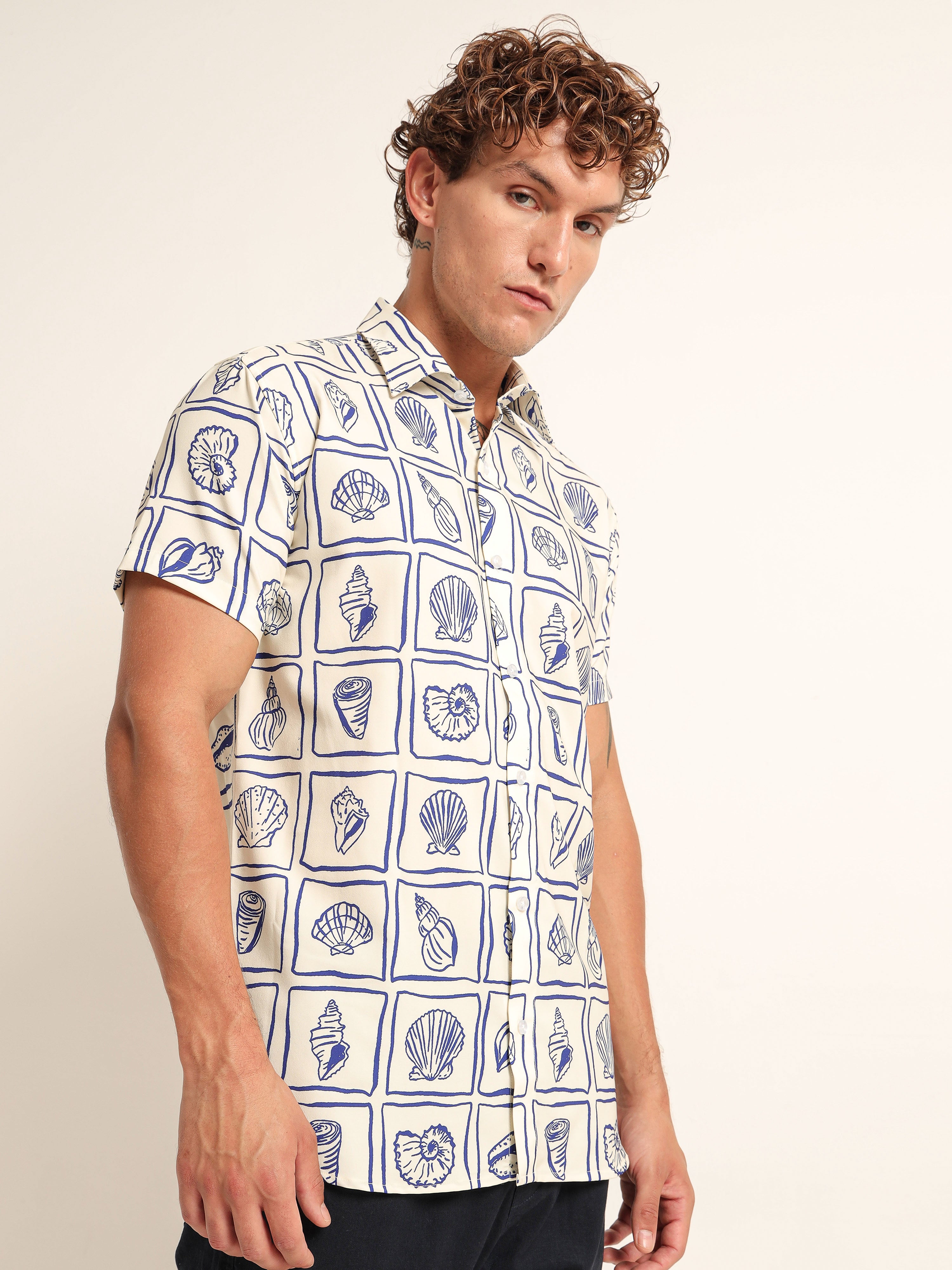 Men's Off-White and Navy Seashell Grid Printed Short Sleeve Shirt