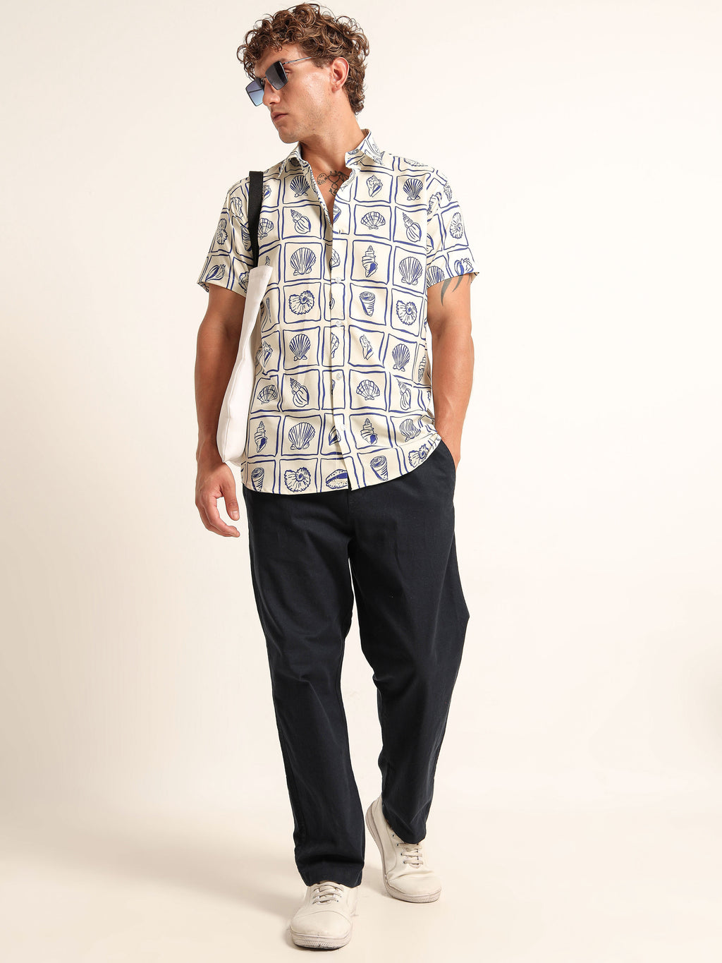 Men's Off-White and Navy Seashell Grid Printed Short Sleeve Shirt