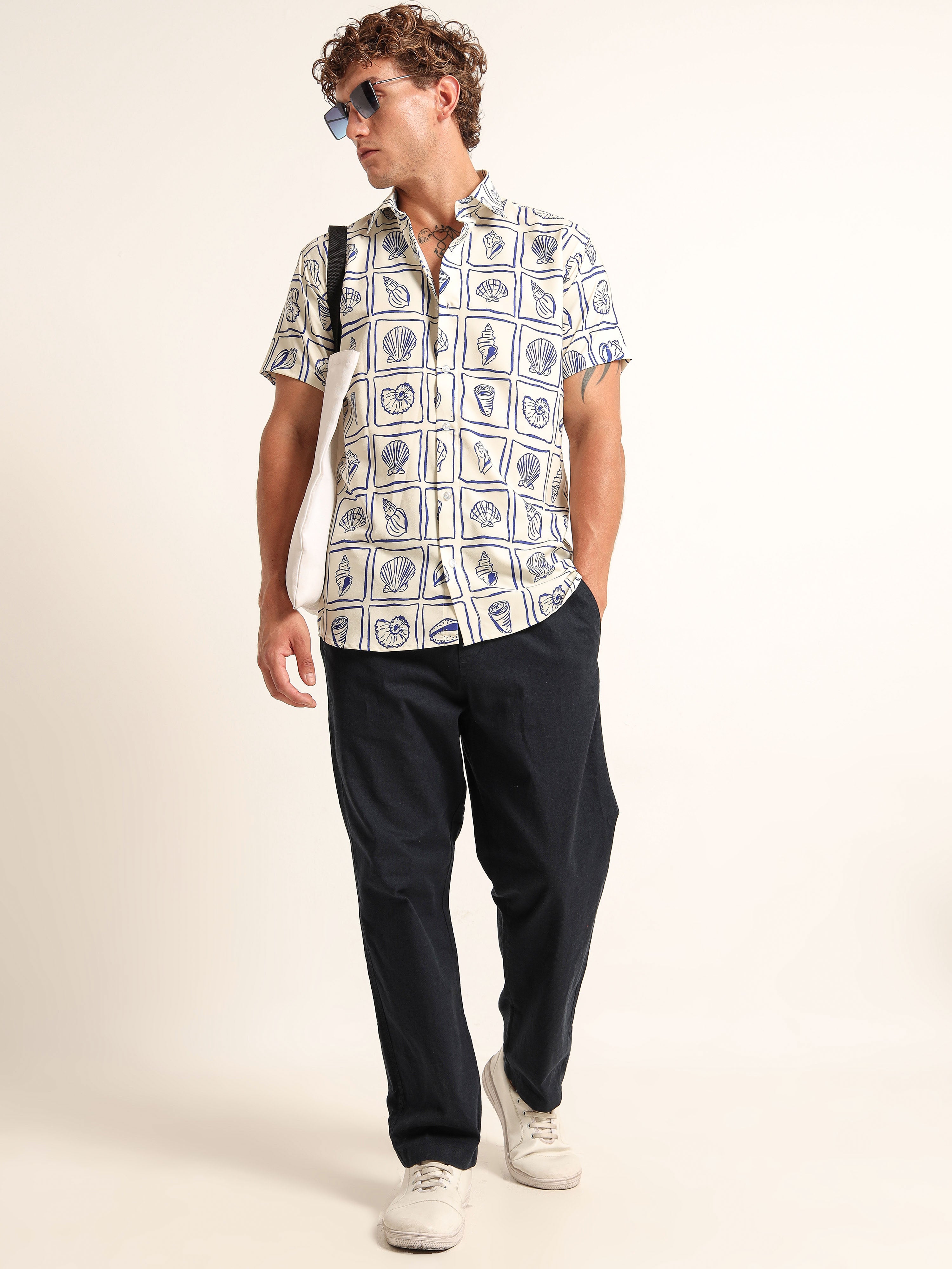 Men's Off-White and Navy Seashell Grid Printed Short Sleeve Shirt