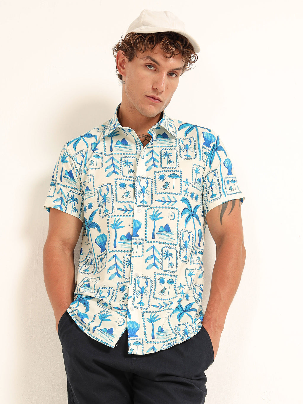 Men's White and Blue Tropical Holiday Printed Short Sleeve Shirt