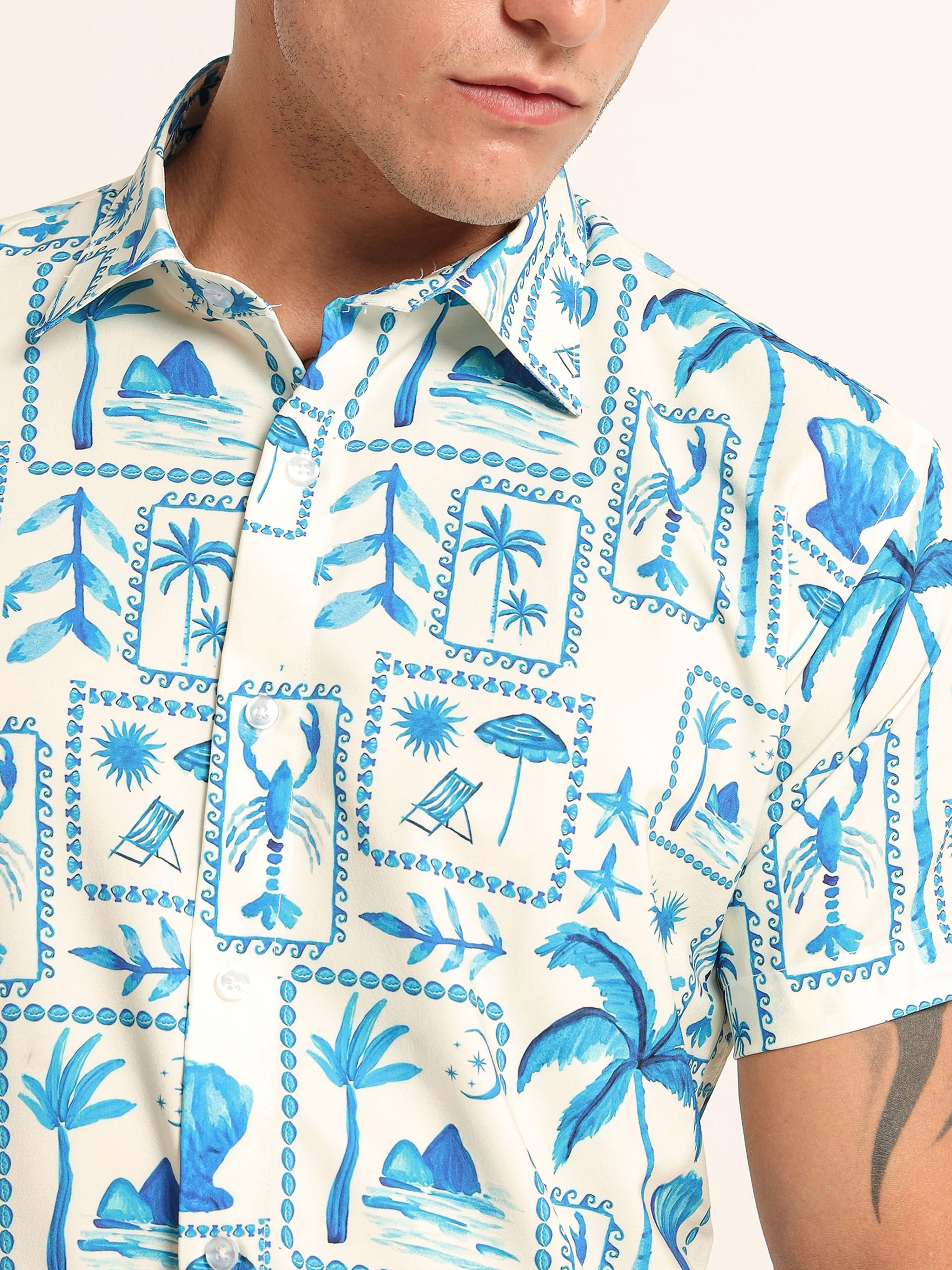 Men's White and Blue Tropical Holiday Printed Short Sleeve Shirt