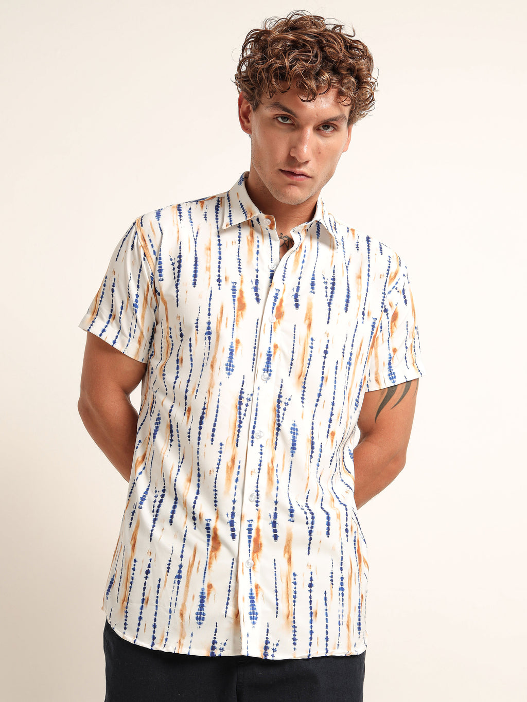 Men's White Shibori Tie-Dye Printed Short Sleeve Shirt