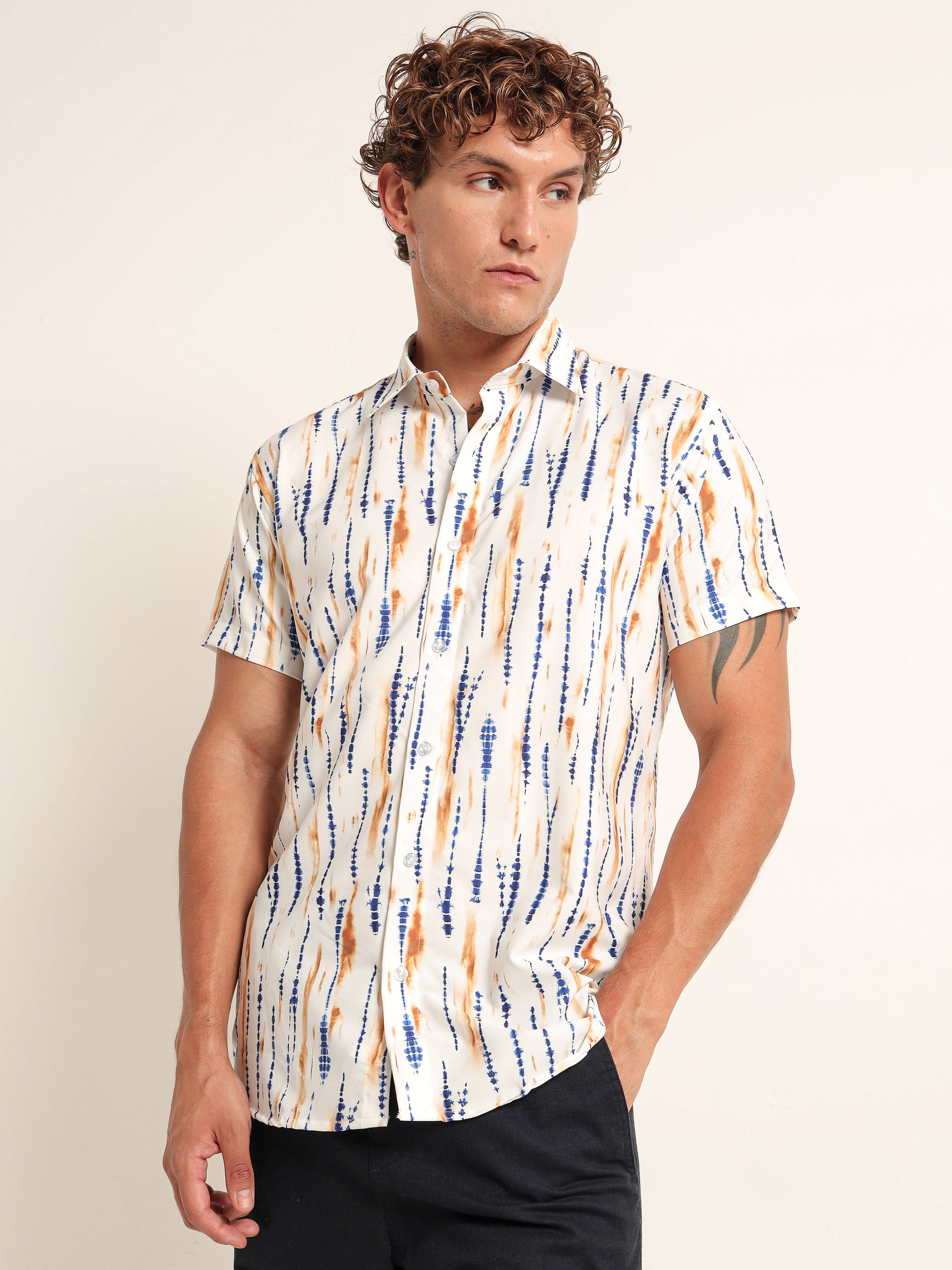 Men's White Shibori Tie-Dye Printed Short Sleeve Shirt