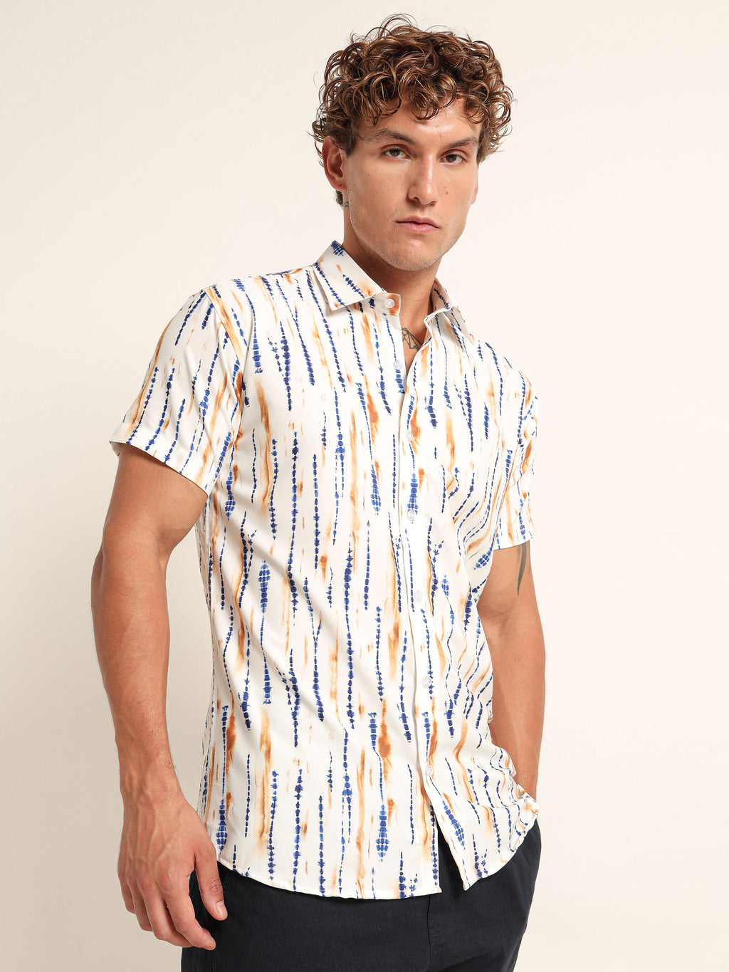 Men's White Shibori Tie-Dye Printed Short Sleeve Shirt