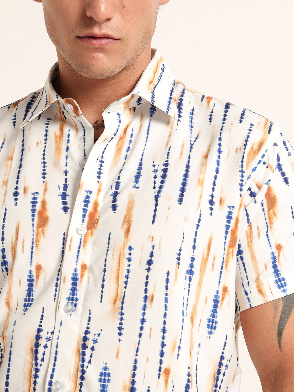 Men's White Shibori Tie-Dye Printed Short Sleeve Shirt