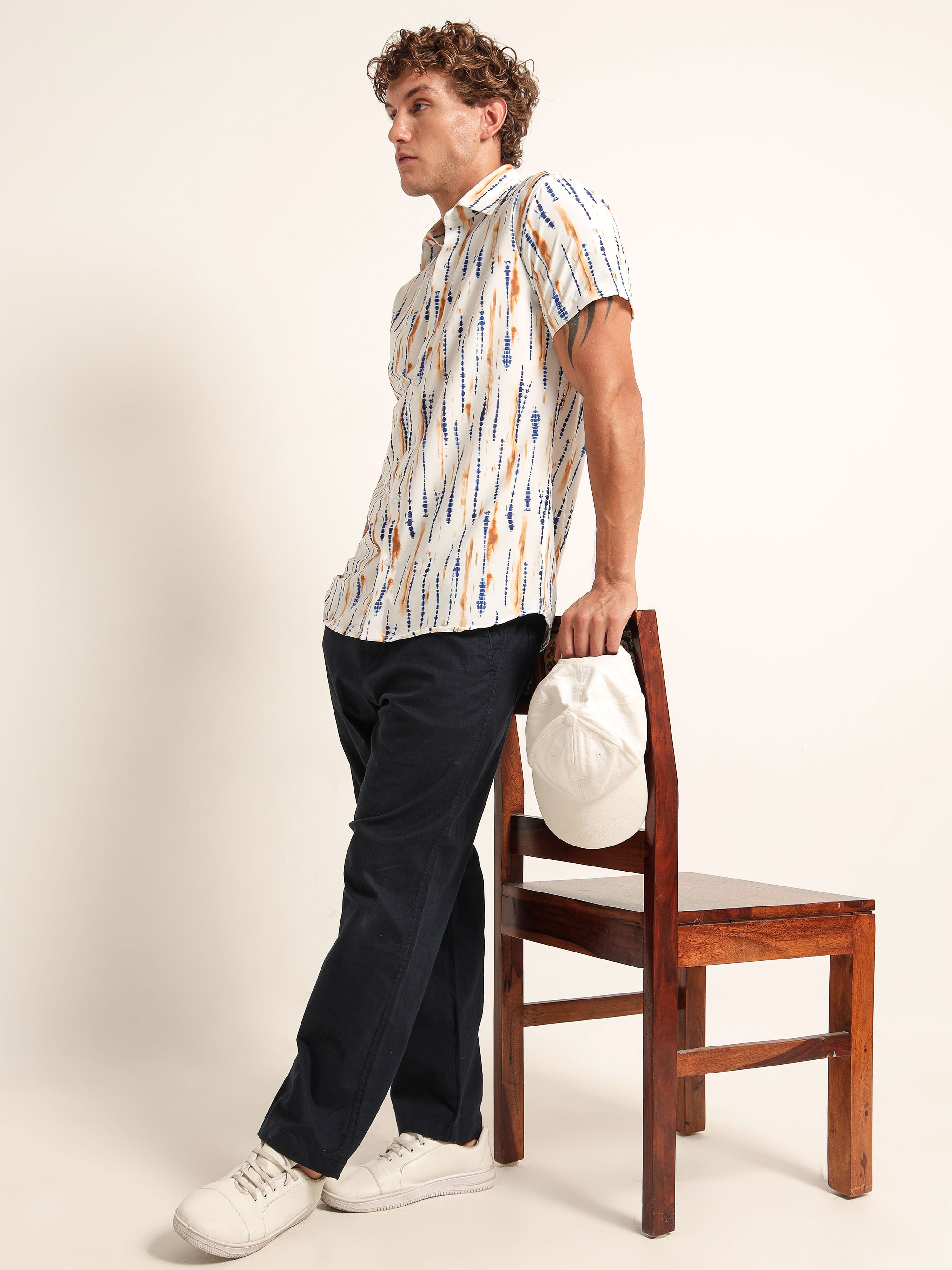 Men's White Shibori Tie-Dye Printed Short Sleeve Shirt