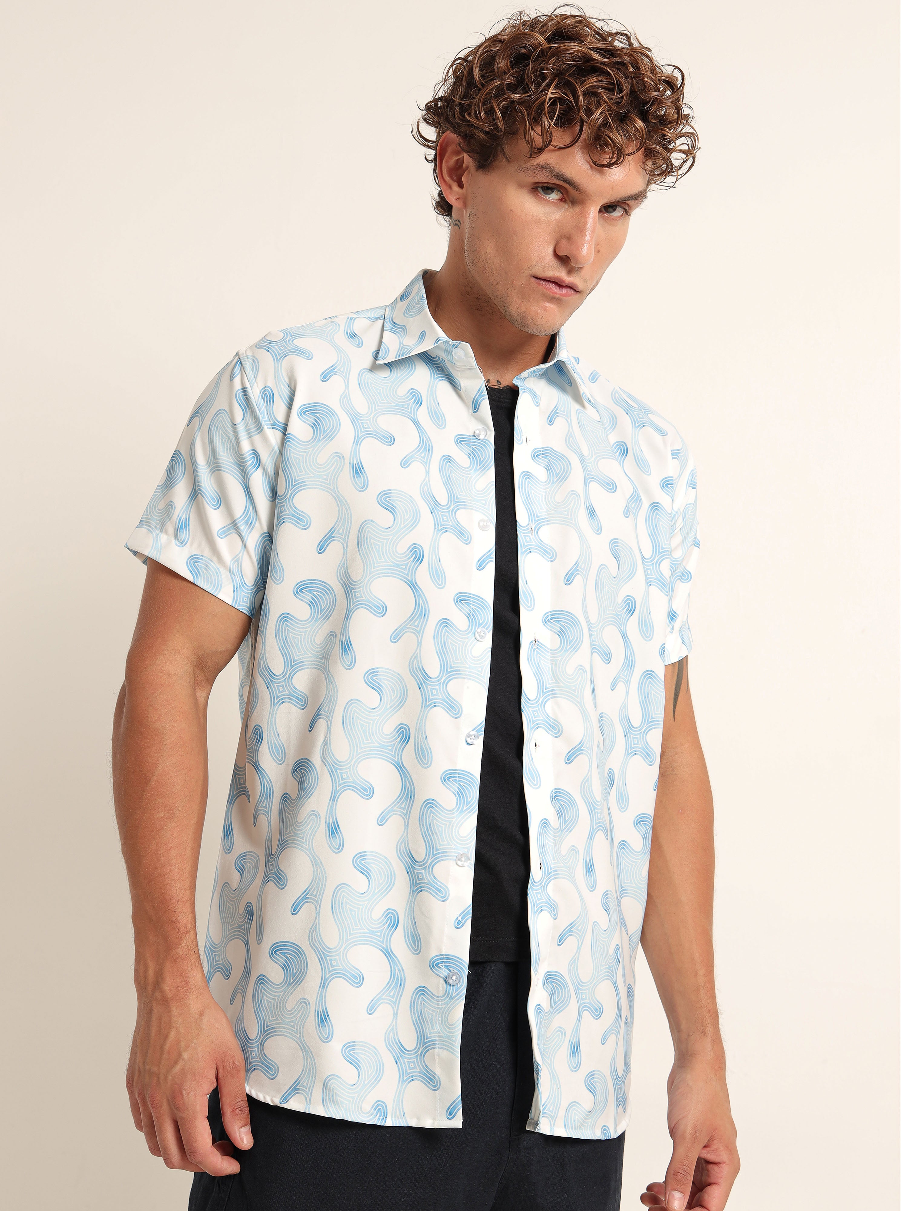 Men's White and Blue Abstract Swirl Short Sleeve Shirt