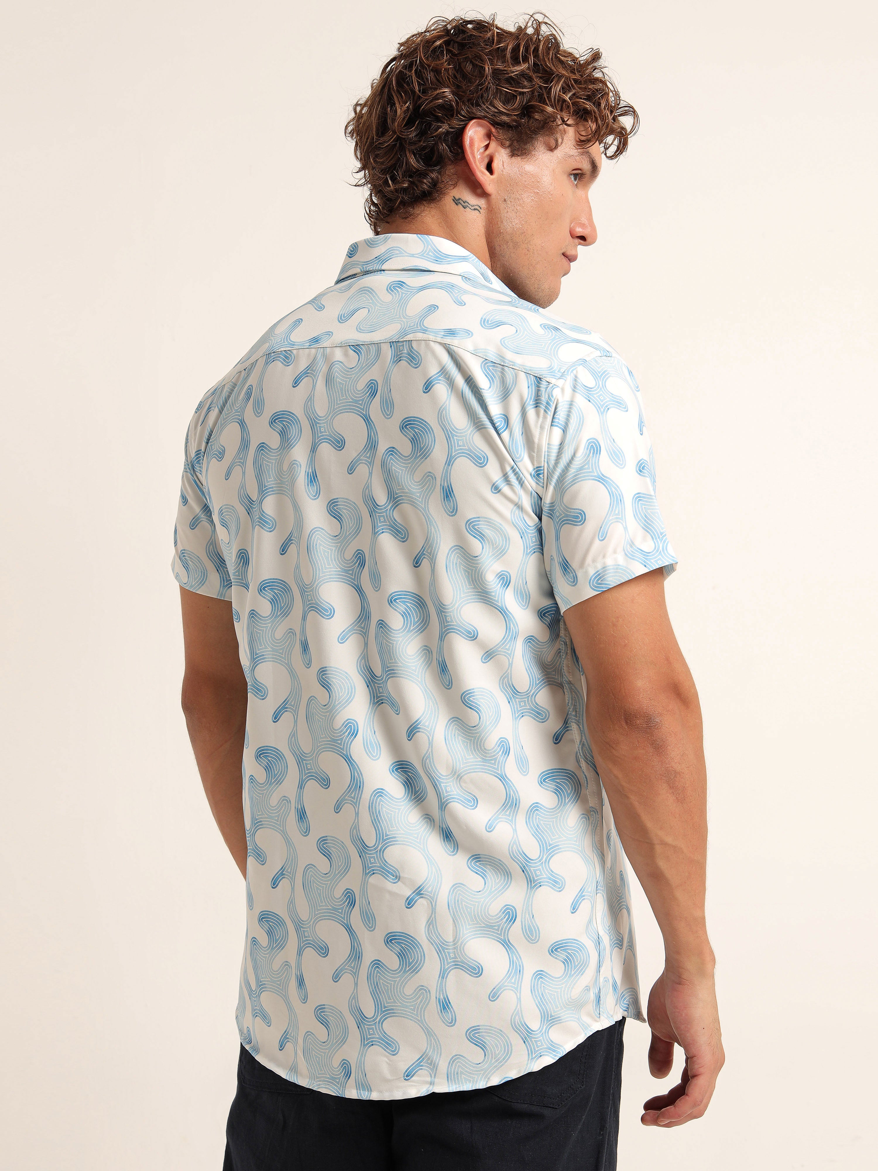 Men's White and Blue Abstract Swirl Short Sleeve Shirt
