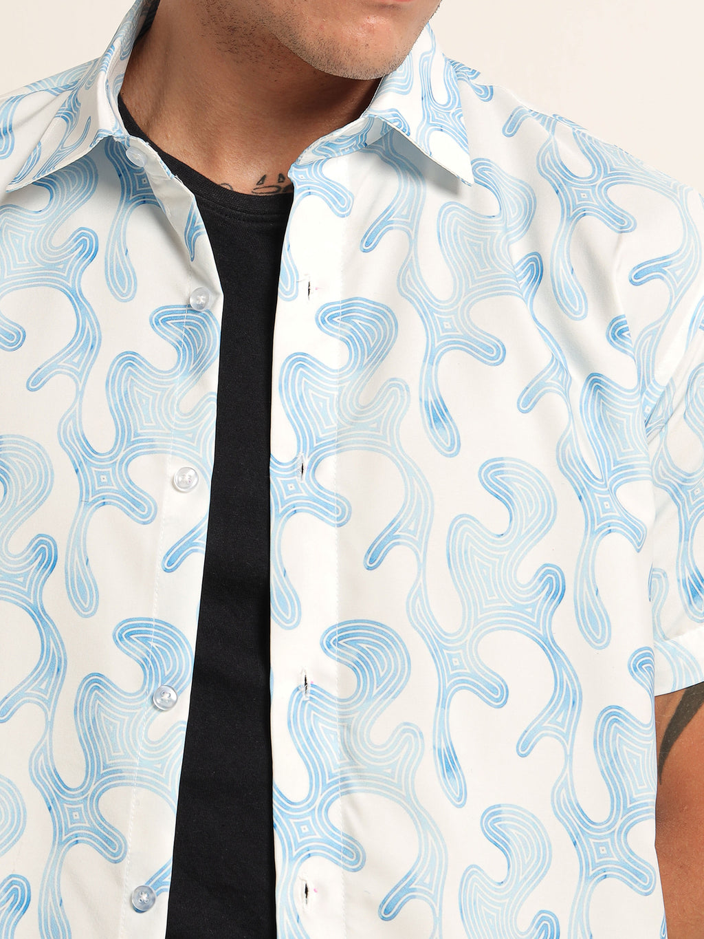 Men's White and Blue Abstract Swirl Short Sleeve Shirt