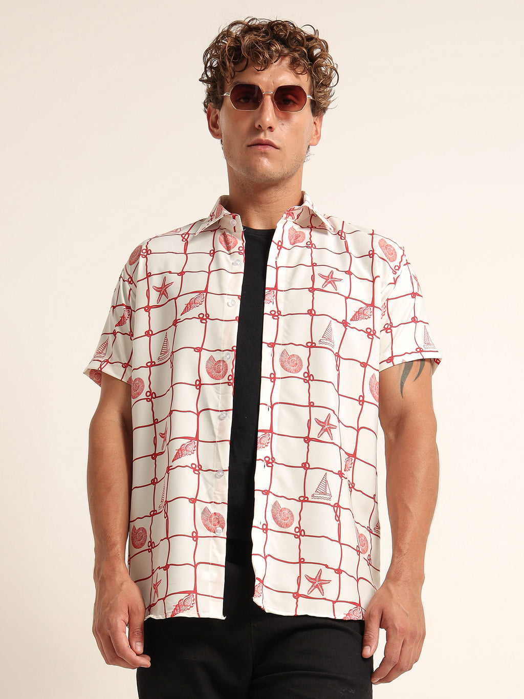 Men's White and Red Nautical Print Short Sleeve Shirt