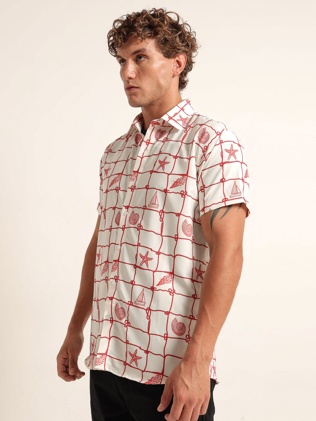 Men's White and Red Nautical Print Short Sleeve Shirt