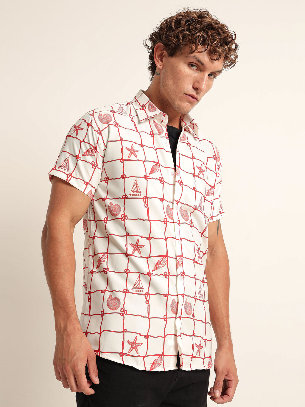 Men's White and Red Nautical Print Short Sleeve Shirt
