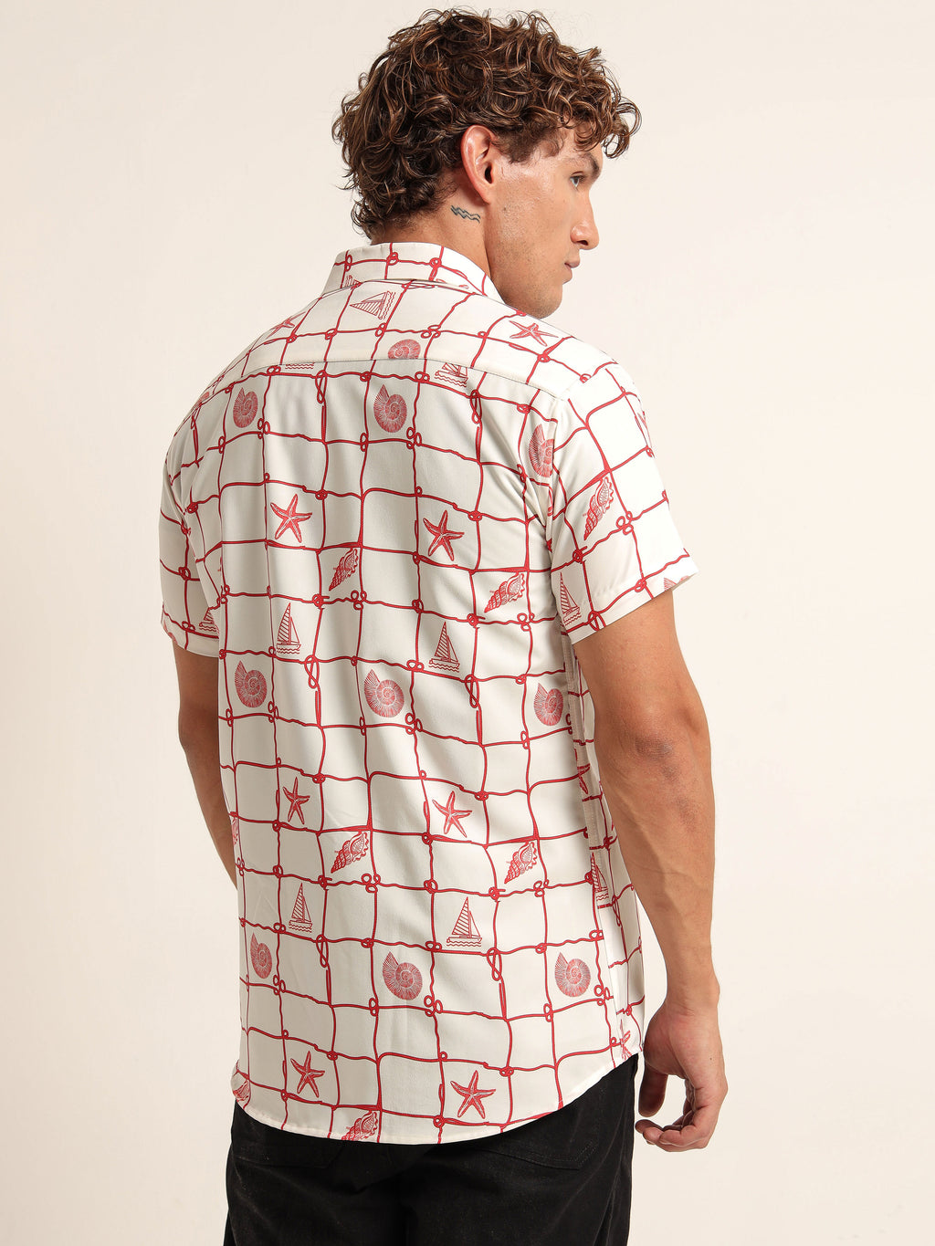 Men's White and Red Nautical Print Short Sleeve Shirt