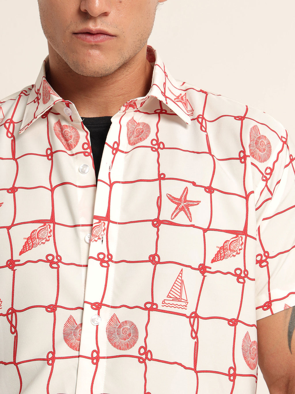 Men's White and Red Nautical Print Short Sleeve Shirt