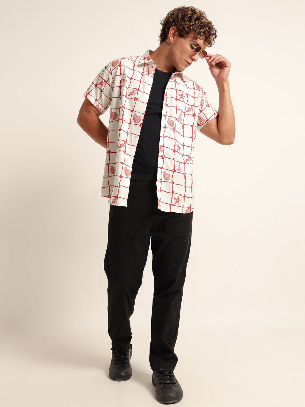 Men's White and Red Nautical Print Short Sleeve Shirt