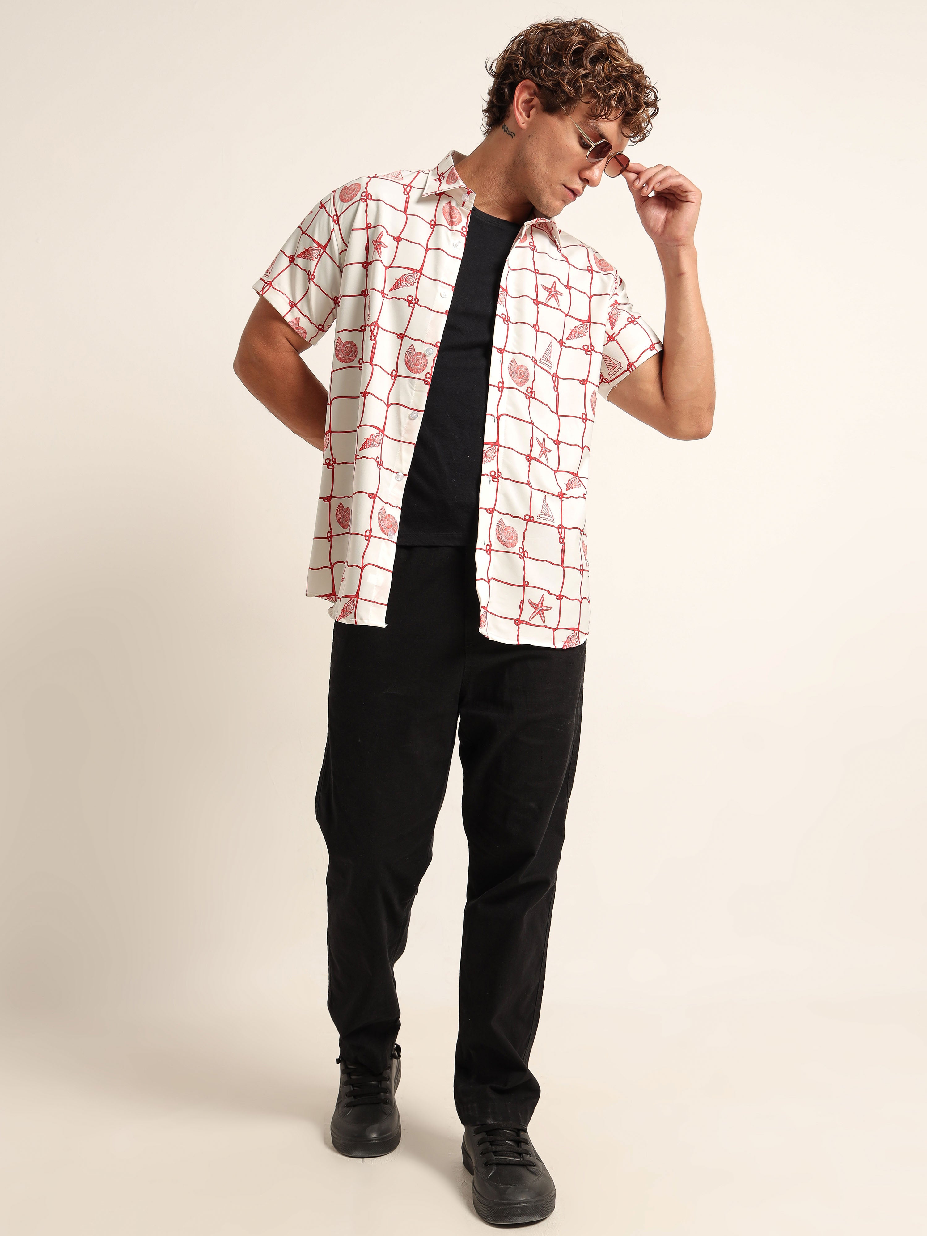 Men's White and Red Nautical Print Short Sleeve Shirt