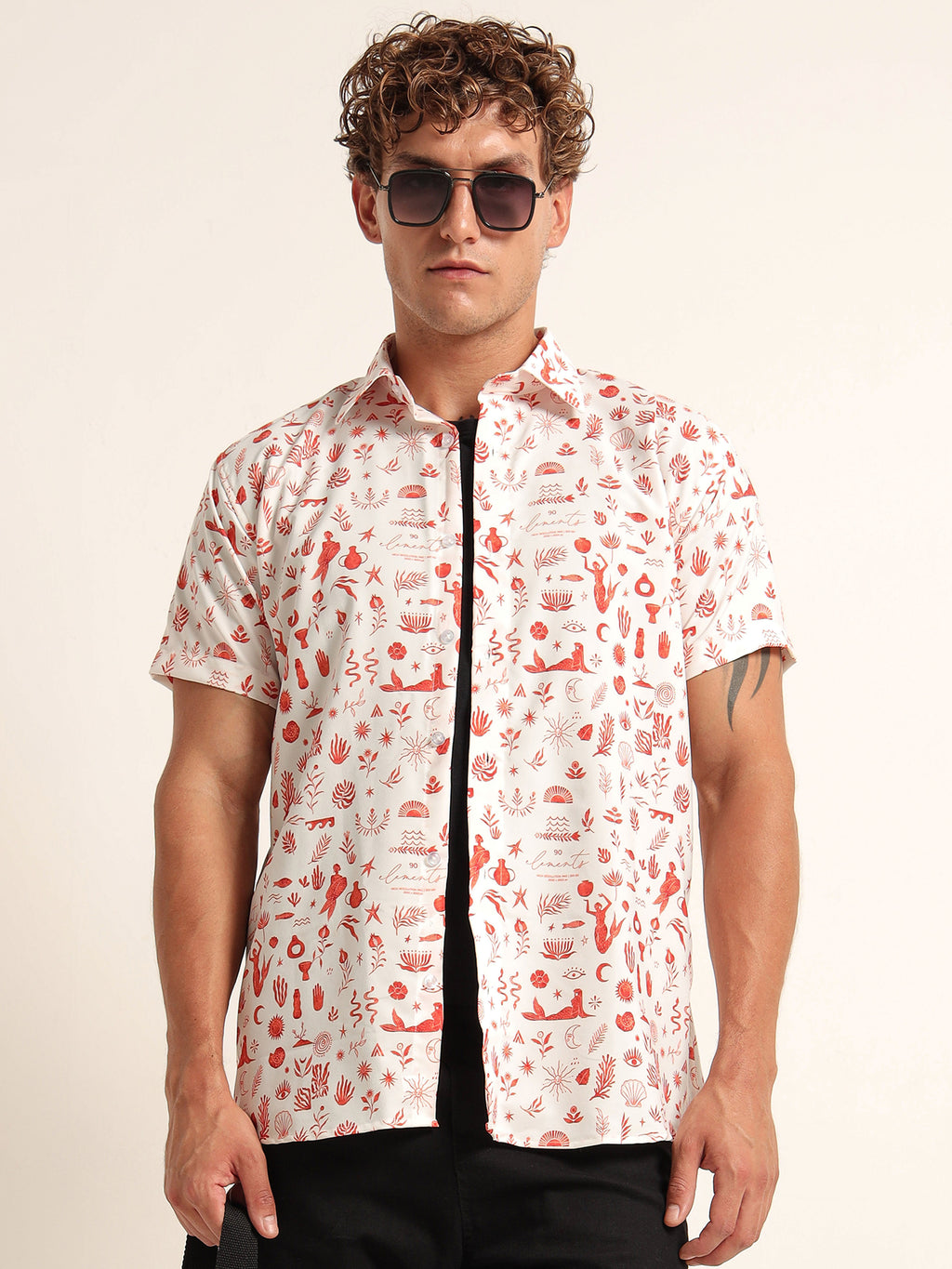 Men's White and Red Mythical Sea Print Short Sleeve Shirt