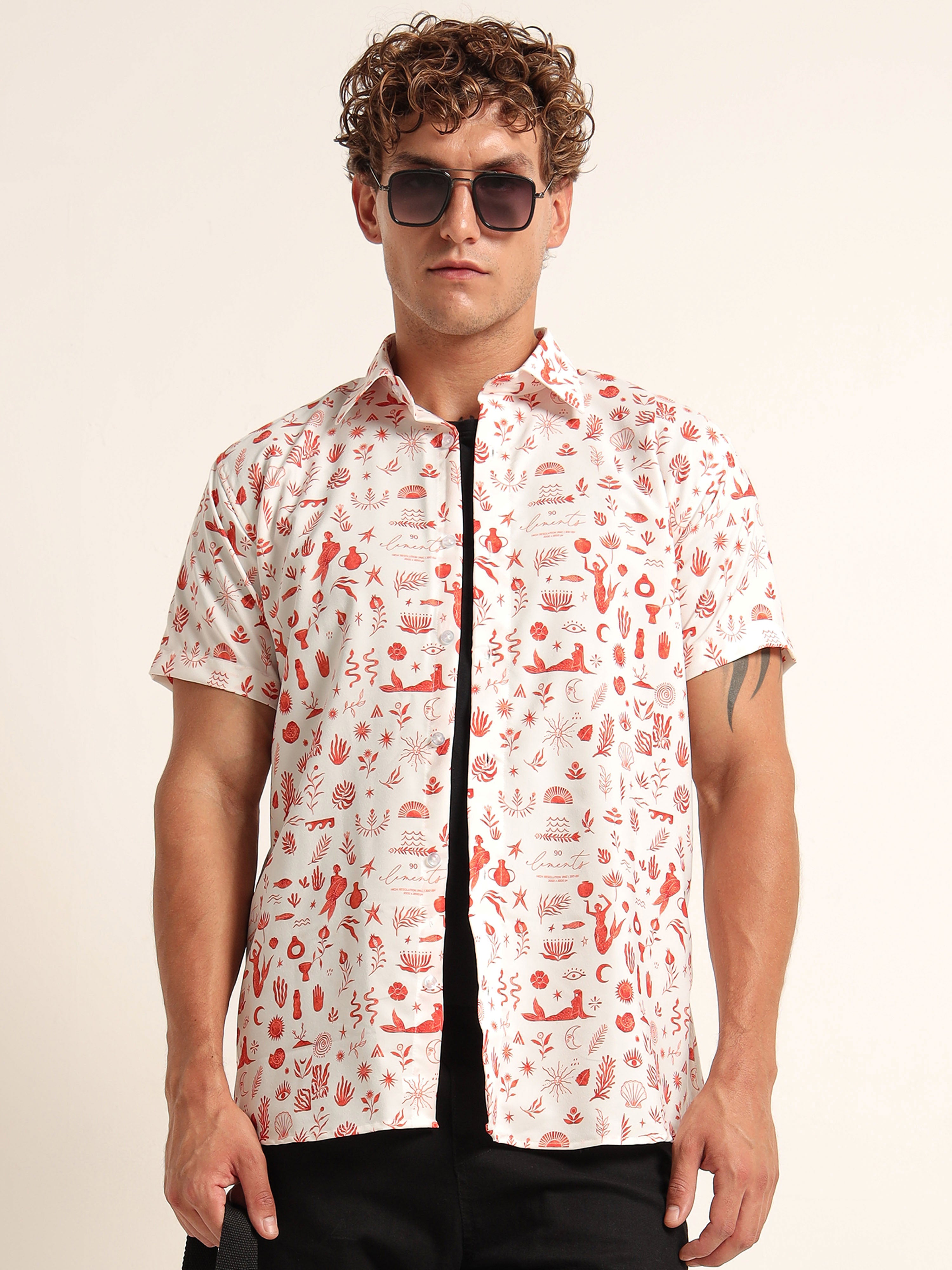 Men's White and Red Mythical Sea Print Short Sleeve Shirt