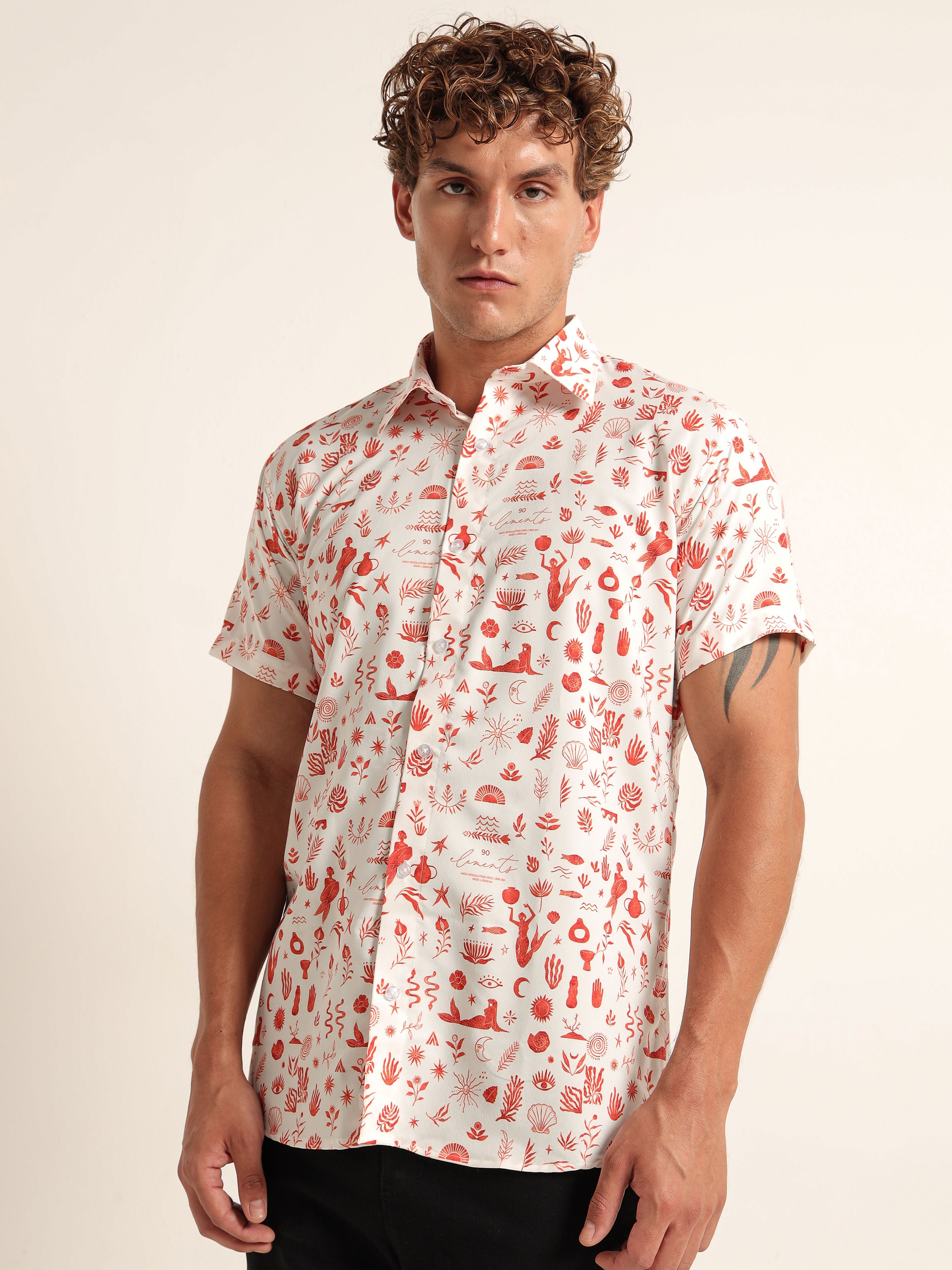 Men's White and Red Mythical Sea Print Short Sleeve Shirt