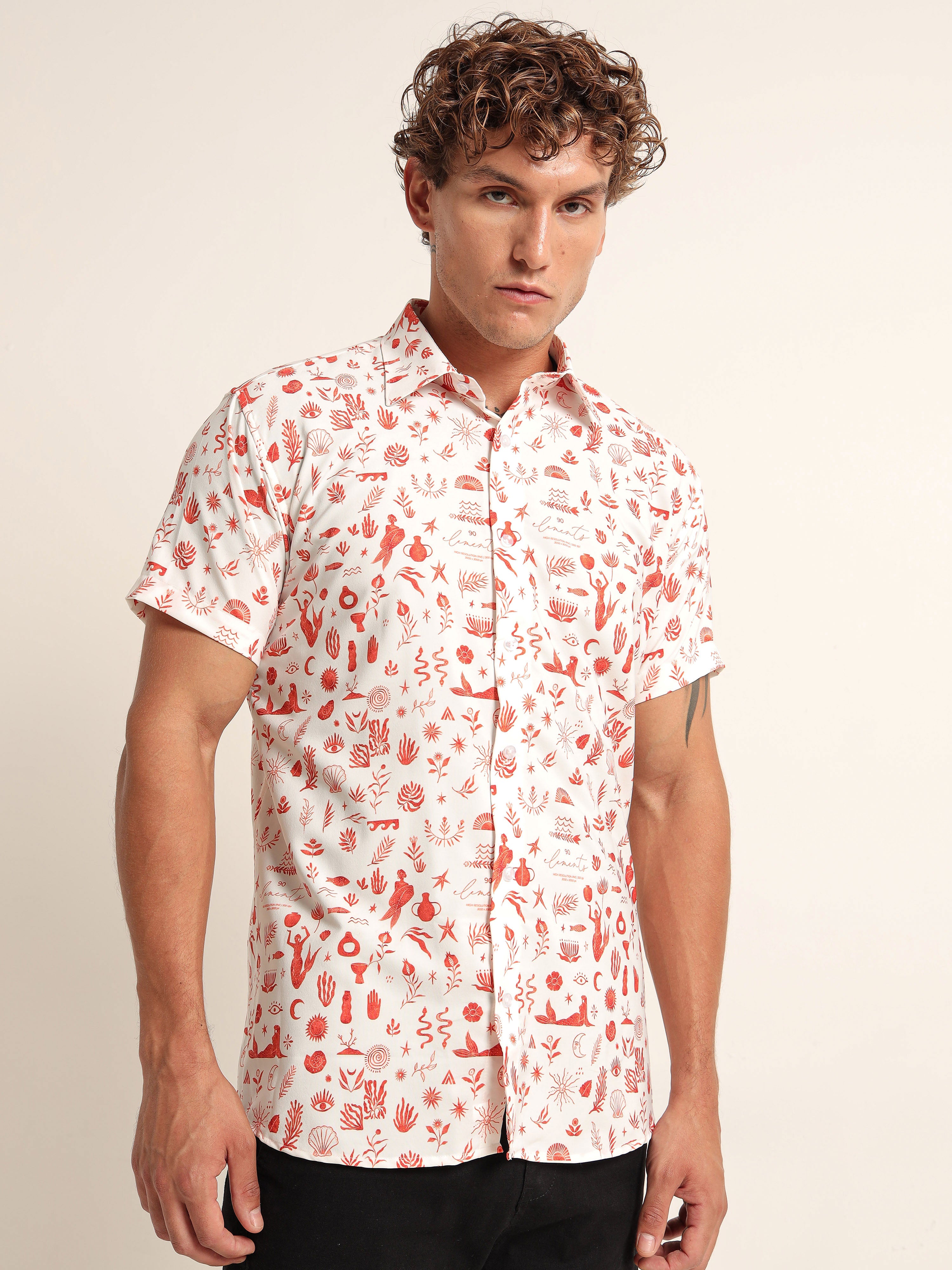 Men's White and Red Mythical Sea Print Short Sleeve Shirt