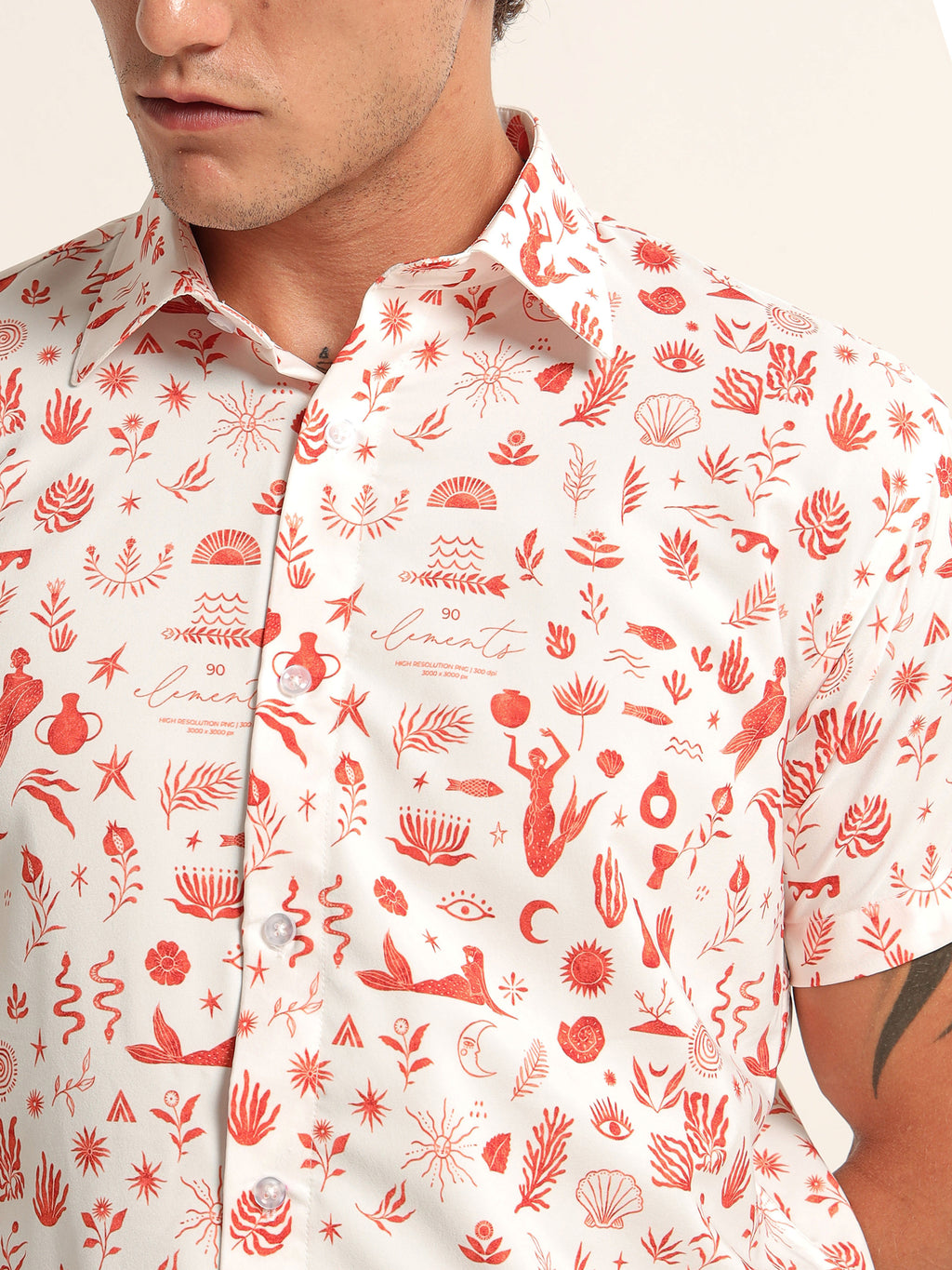 Men's White and Red Mythical Sea Print Short Sleeve Shirt