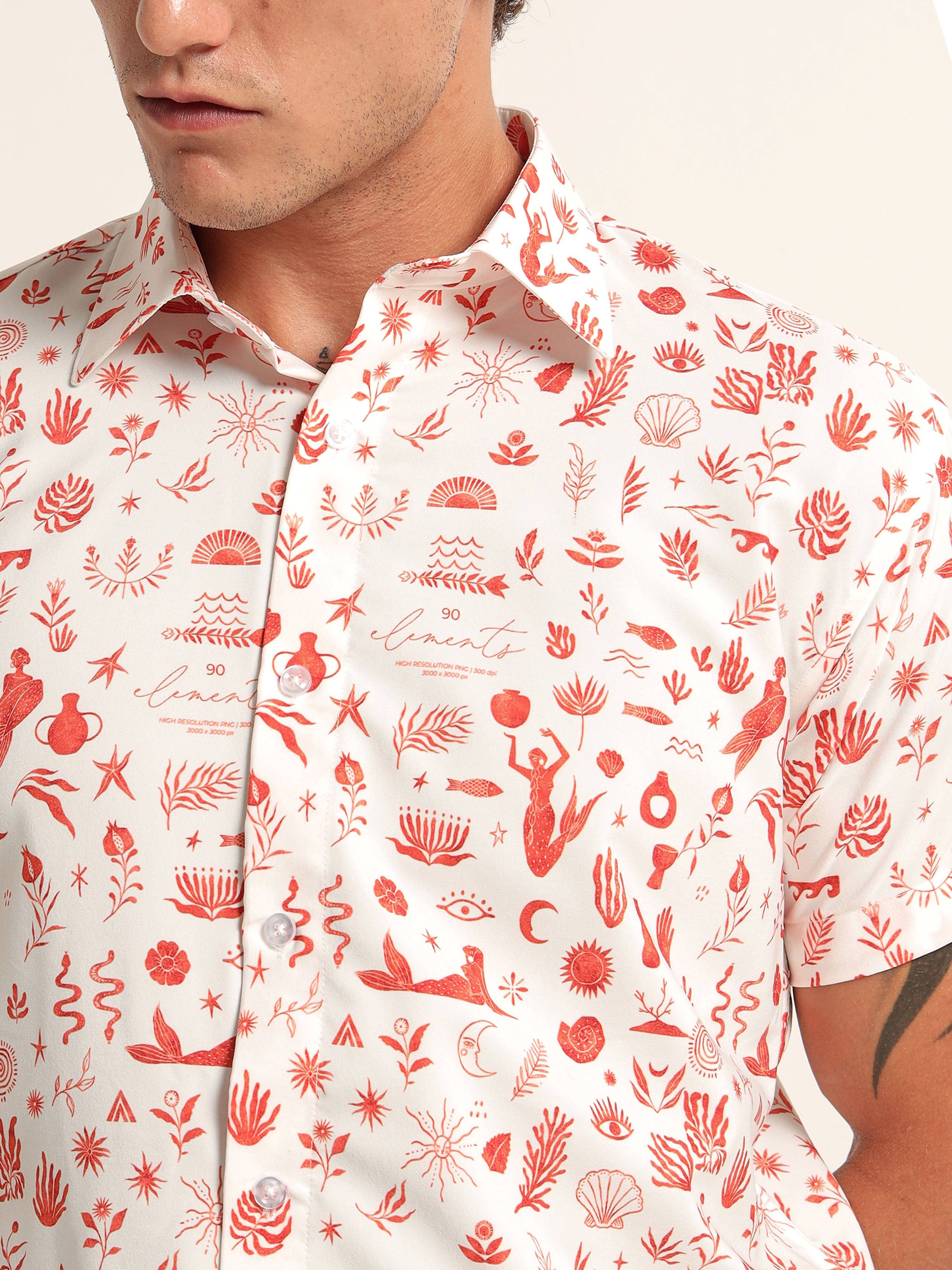 Men's White and Red Mythical Sea Print Short Sleeve Shirt