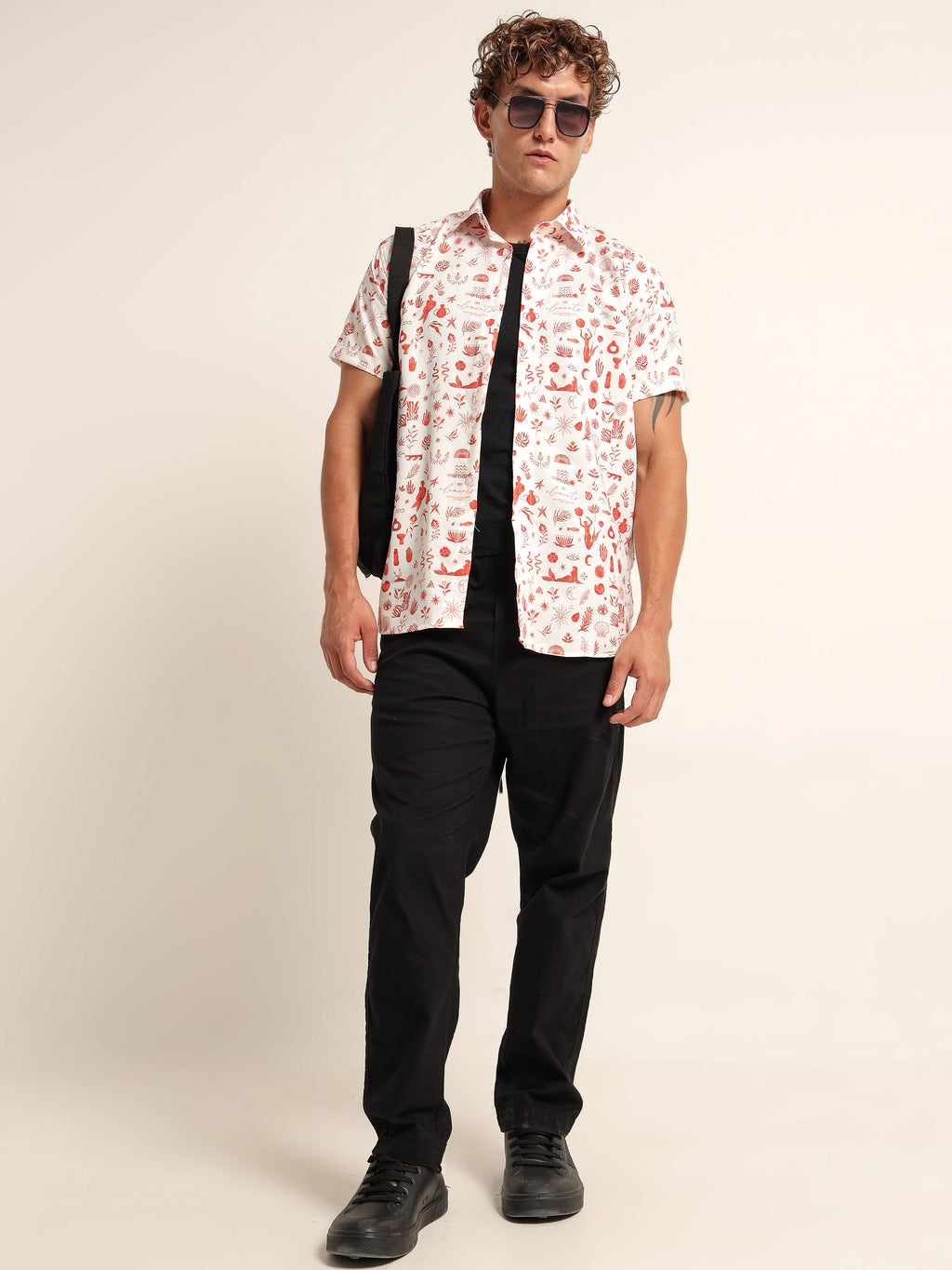 Men's White and Red Mythical Sea Print Short Sleeve Shirt
