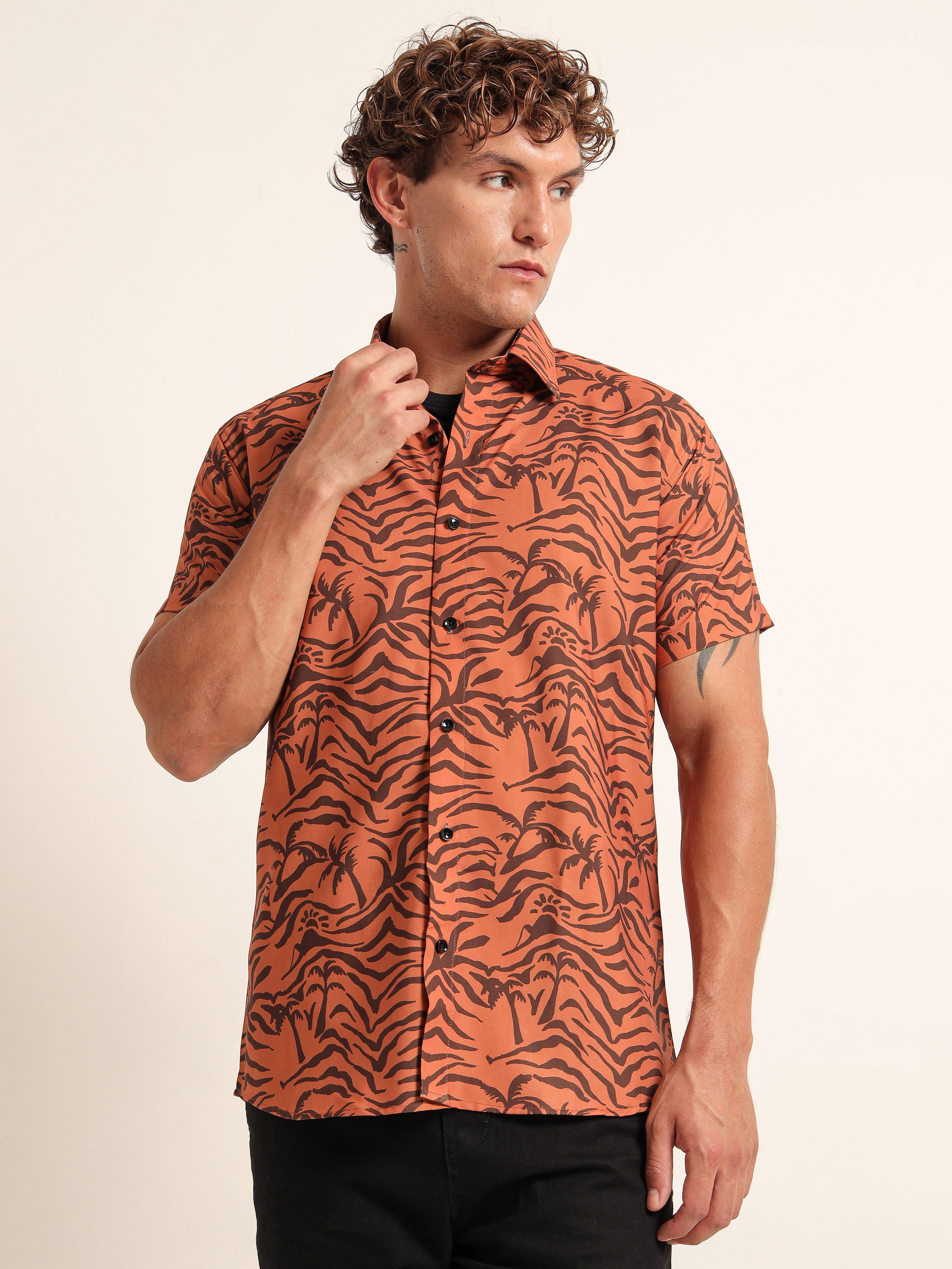 Men's Burnt Orange Zebra Palm Print Short Sleeve Shirt