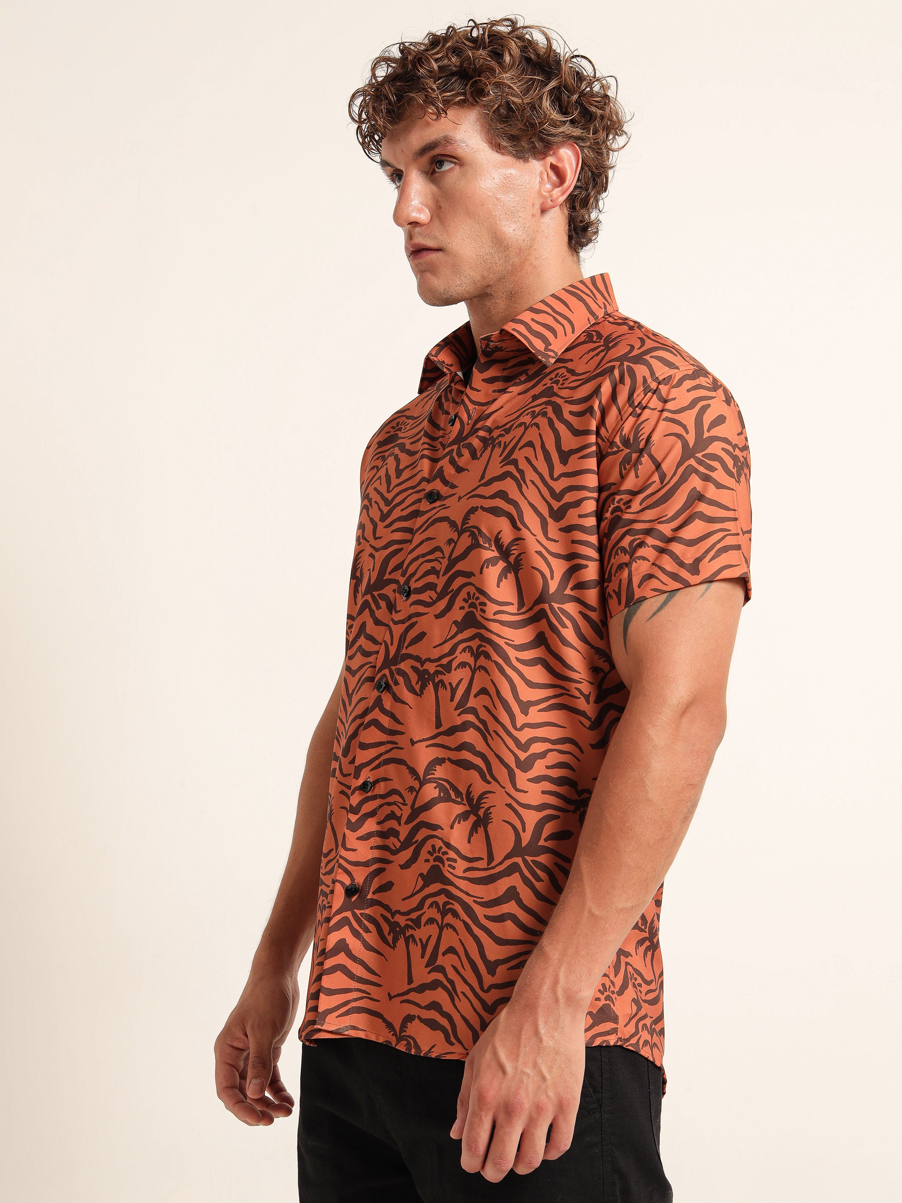 Men's Burnt Orange Zebra Palm Print Short Sleeve Shirt