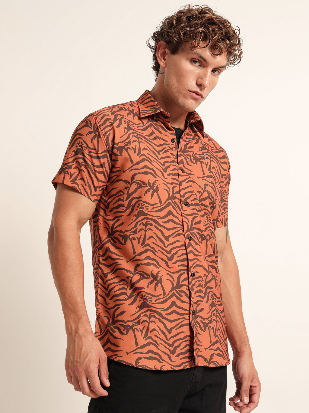 Men's Burnt Orange Zebra Palm Print Short Sleeve Shirt