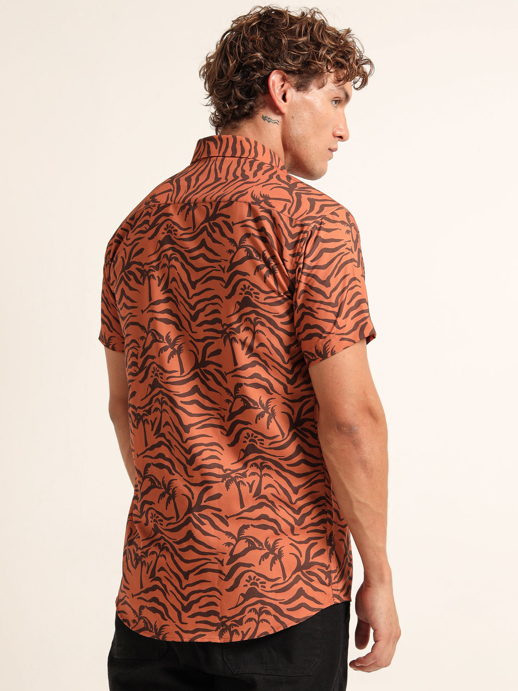 Men's Burnt Orange Zebra Palm Print Short Sleeve Shirt