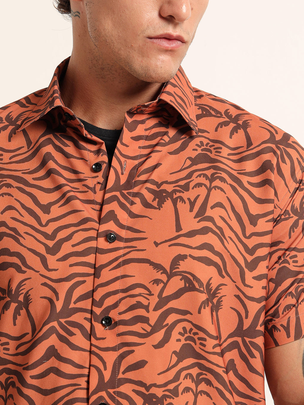 Men's Burnt Orange Zebra Palm Print Short Sleeve Shirt