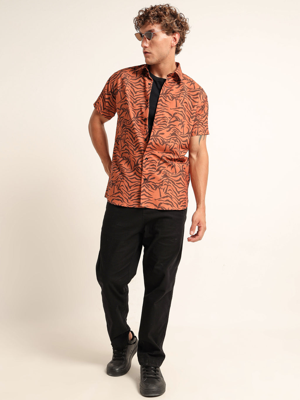 Men's Burnt Orange Zebra Palm Print Short Sleeve Shirt
