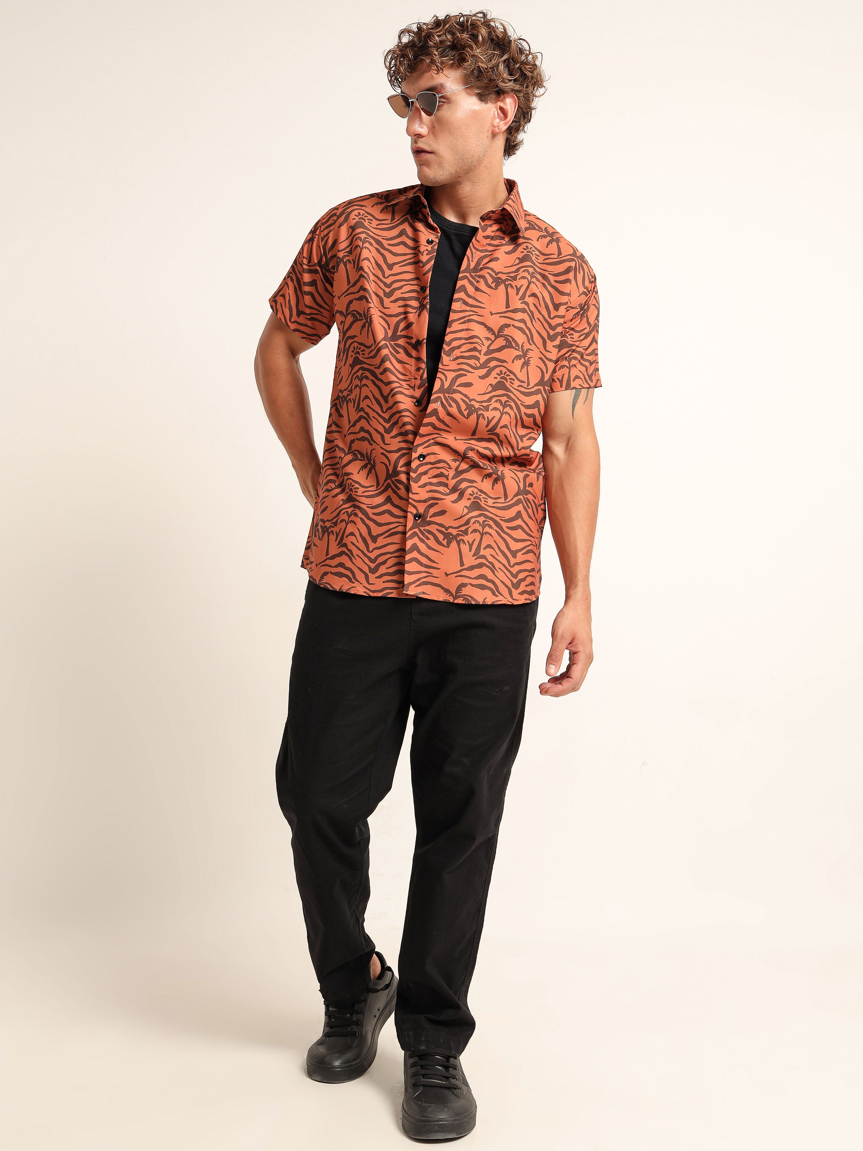 Men's Burnt Orange Zebra Palm Print Short Sleeve Shirt